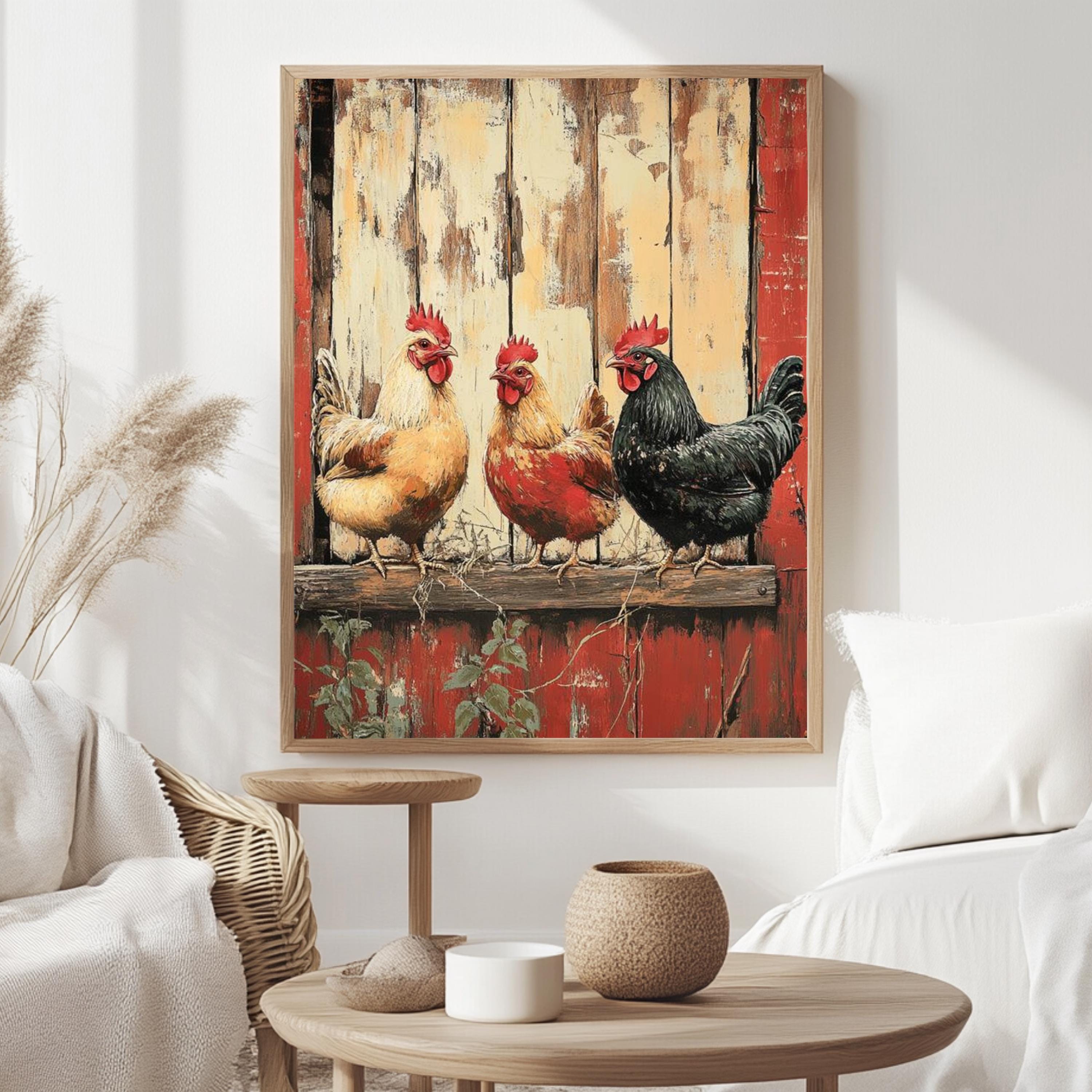 Vintage Chickens Wall Art, Farm Animal Poster Print, Rustic Country Canvas, Framed Barnyard Decor for Farmhouse Kitchen or Home, Nature Art