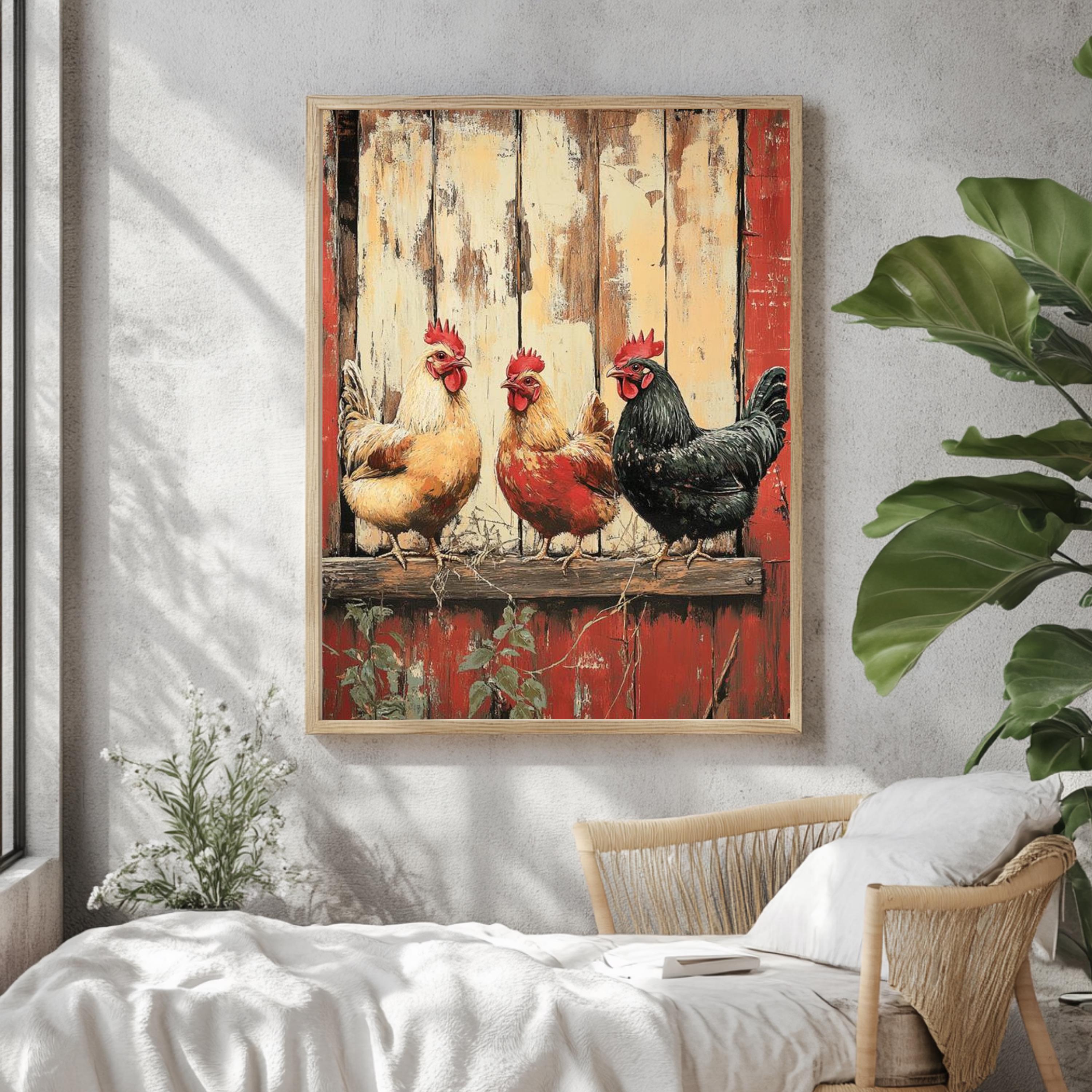Vintage Chickens Wall Art, Farm Animal Poster Print, Rustic Country Canvas, Framed Barnyard Decor for Farmhouse Kitchen or Home, Nature Art