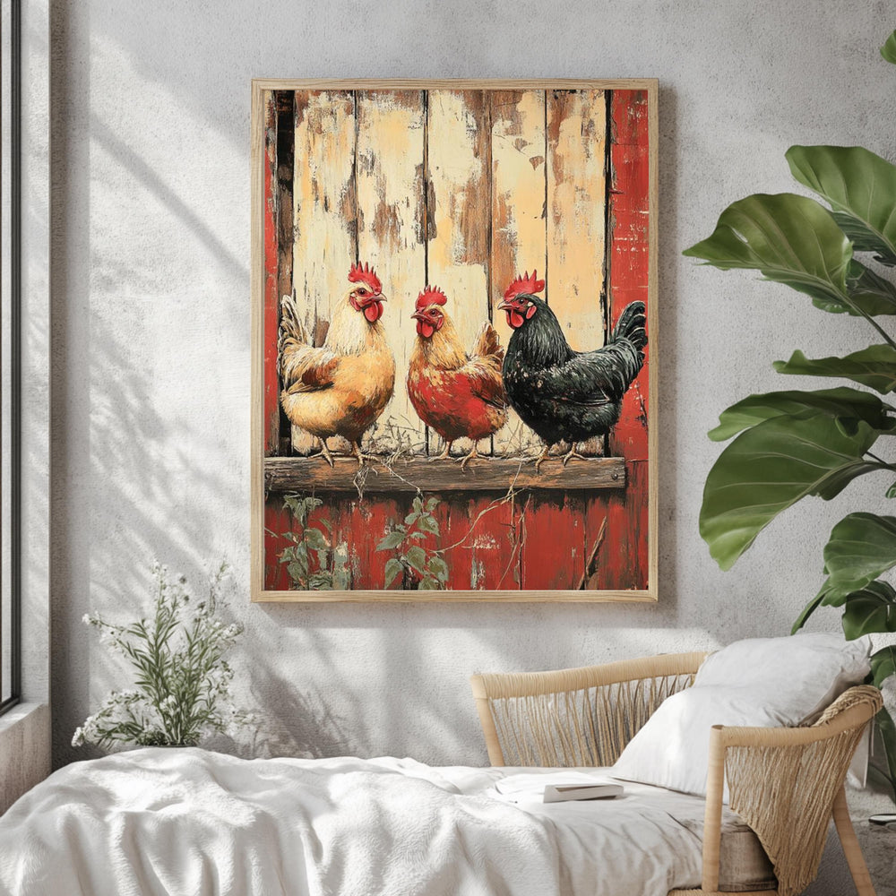 Vintage Chickens Wall Art, Farm Animal Poster Print, Rustic Country Canvas, Framed Barnyard Decor for Farmhouse Kitchen or Home, Nature Art