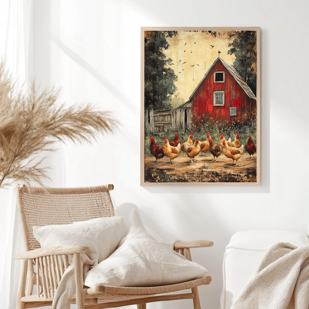 Barnyard Chickens Wall Art, Vintage Farm Poster Print, Rustic Chicken Canvas, Framed Country Animal Decor for Farmhouse Kitchen, Nature Art