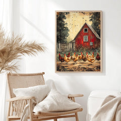 Barnyard Chickens Wall Art, Vintage Farm Poster Print, Rustic Chicken Canvas, Framed Country Animal Decor for Farmhouse Kitchen, Nature Art