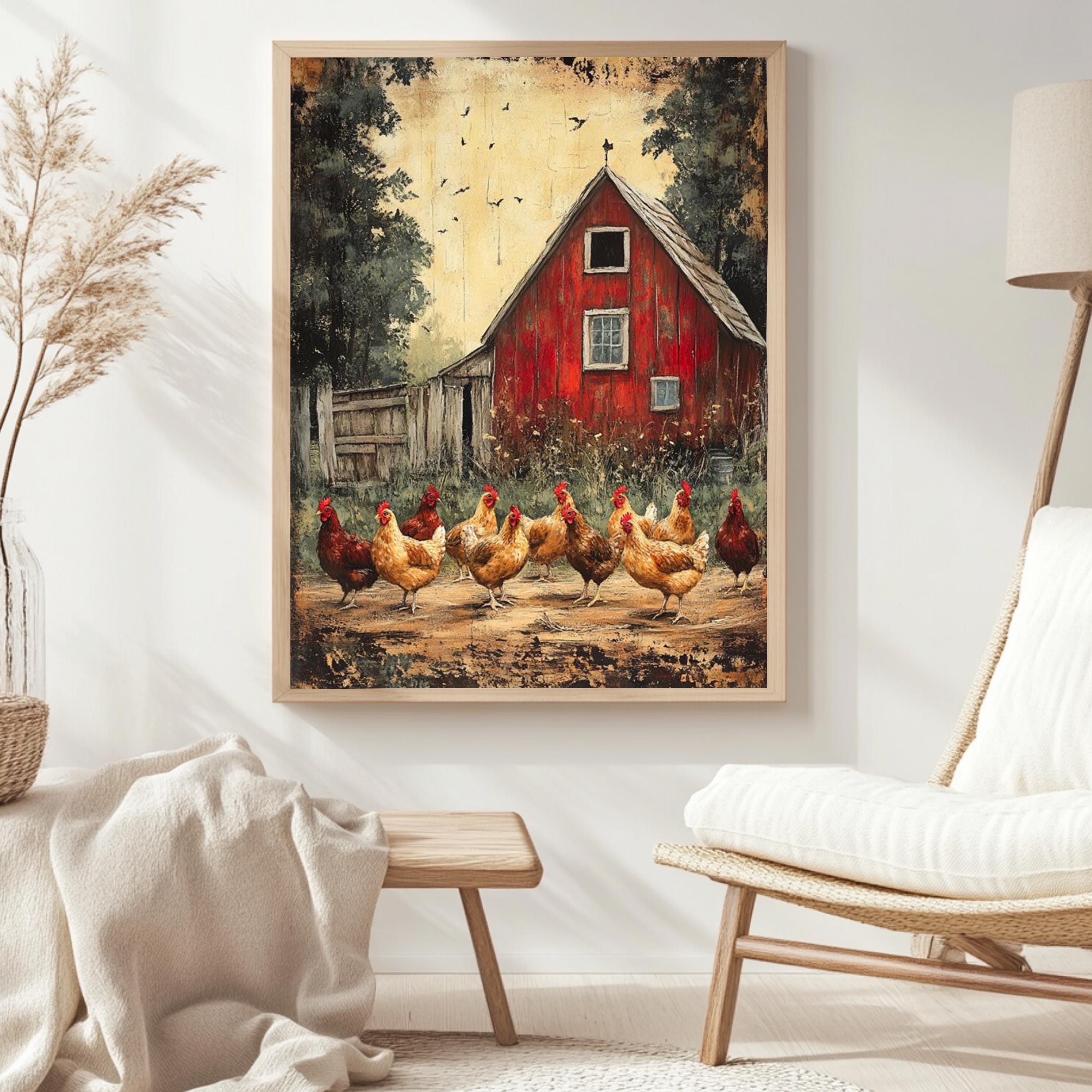 Barnyard Chickens Wall Art, Vintage Farm Poster Print, Rustic Chicken Canvas, Framed Country Animal Decor for Farmhouse Kitchen, Nature Art