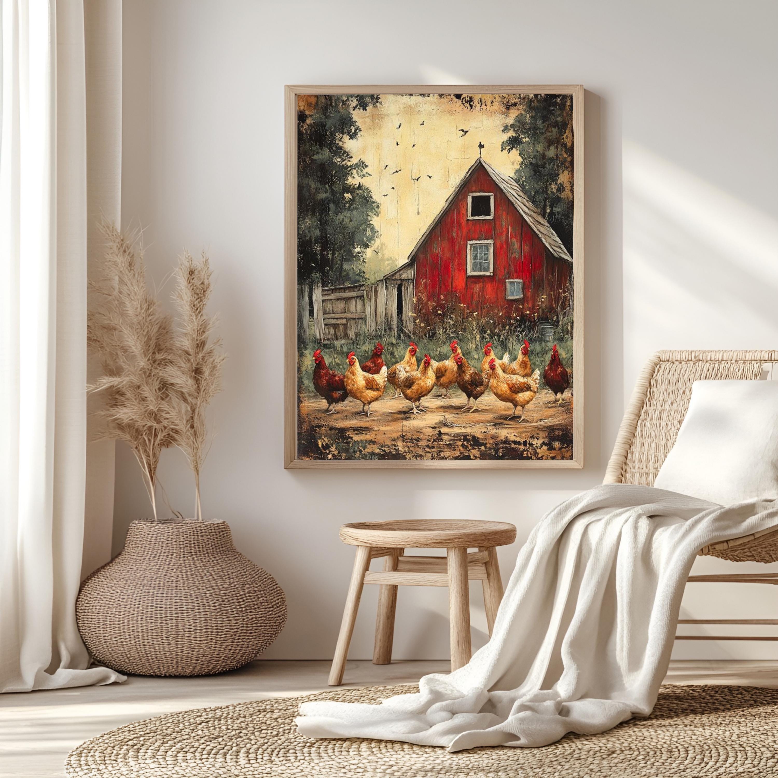 Barnyard Chickens Wall Art, Vintage Farm Poster Print, Rustic Chicken Canvas, Framed Country Animal Decor for Farmhouse Kitchen, Nature Art