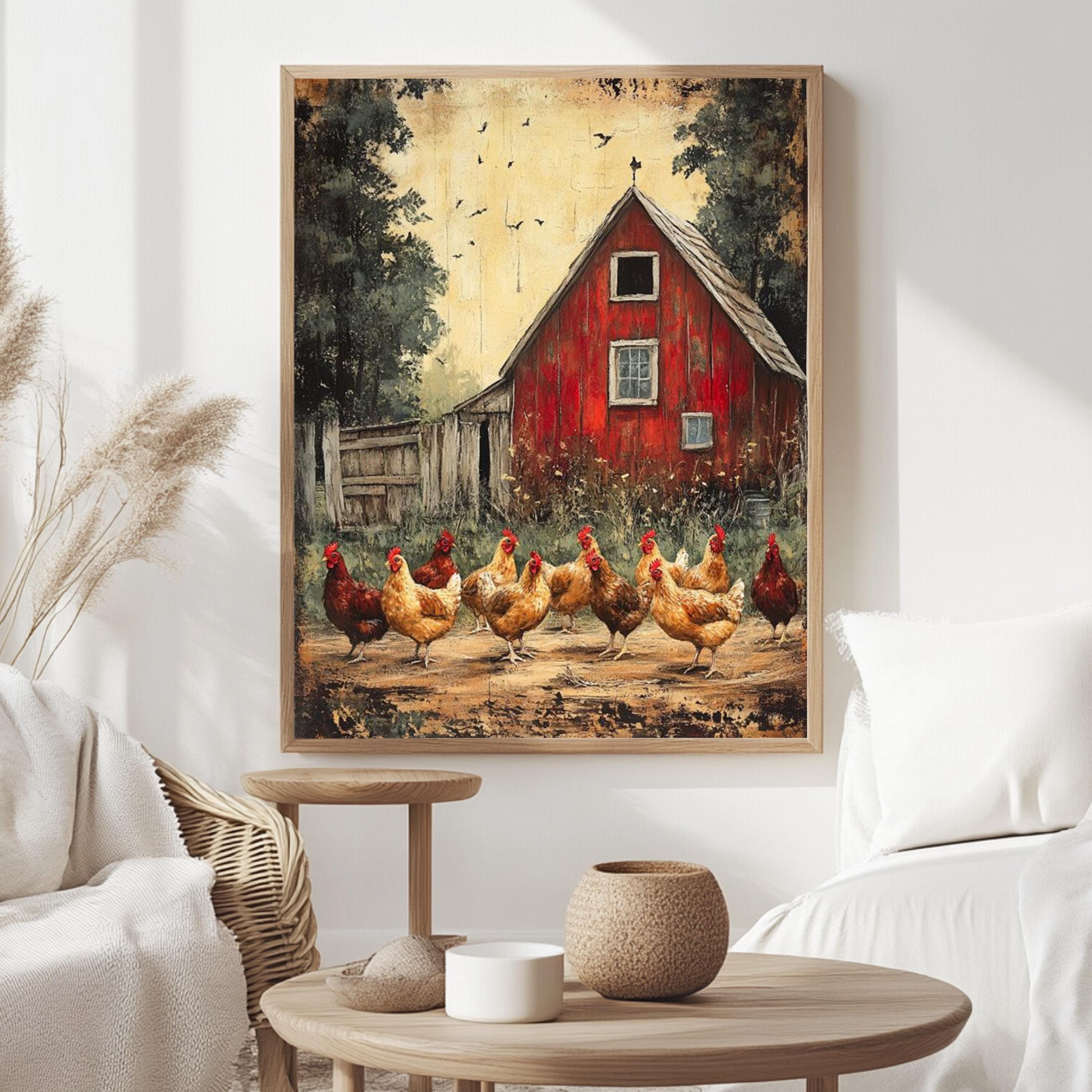 Barnyard Chickens Wall Art, Vintage Farm Poster Print, Rustic Chicken Canvas, Framed Country Animal Decor for Farmhouse Kitchen, Nature Art