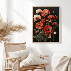 Dark Poppies Wall Art, Botanical Flower Poster Print, Framed Wildflower Canvas, Antique Garden Decor for Home or Office, Nature Wall art