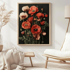 Dark Poppies Wall Art, Botanical Flower Poster Print, Framed Wildflower Canvas, Antique Garden Decor for Home or Office, Nature Wall art