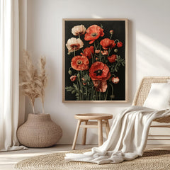 Dark Poppies Wall Art, Botanical Flower Poster Print, Framed Wildflower Canvas, Antique Garden Decor for Home or Office, Nature Wall art