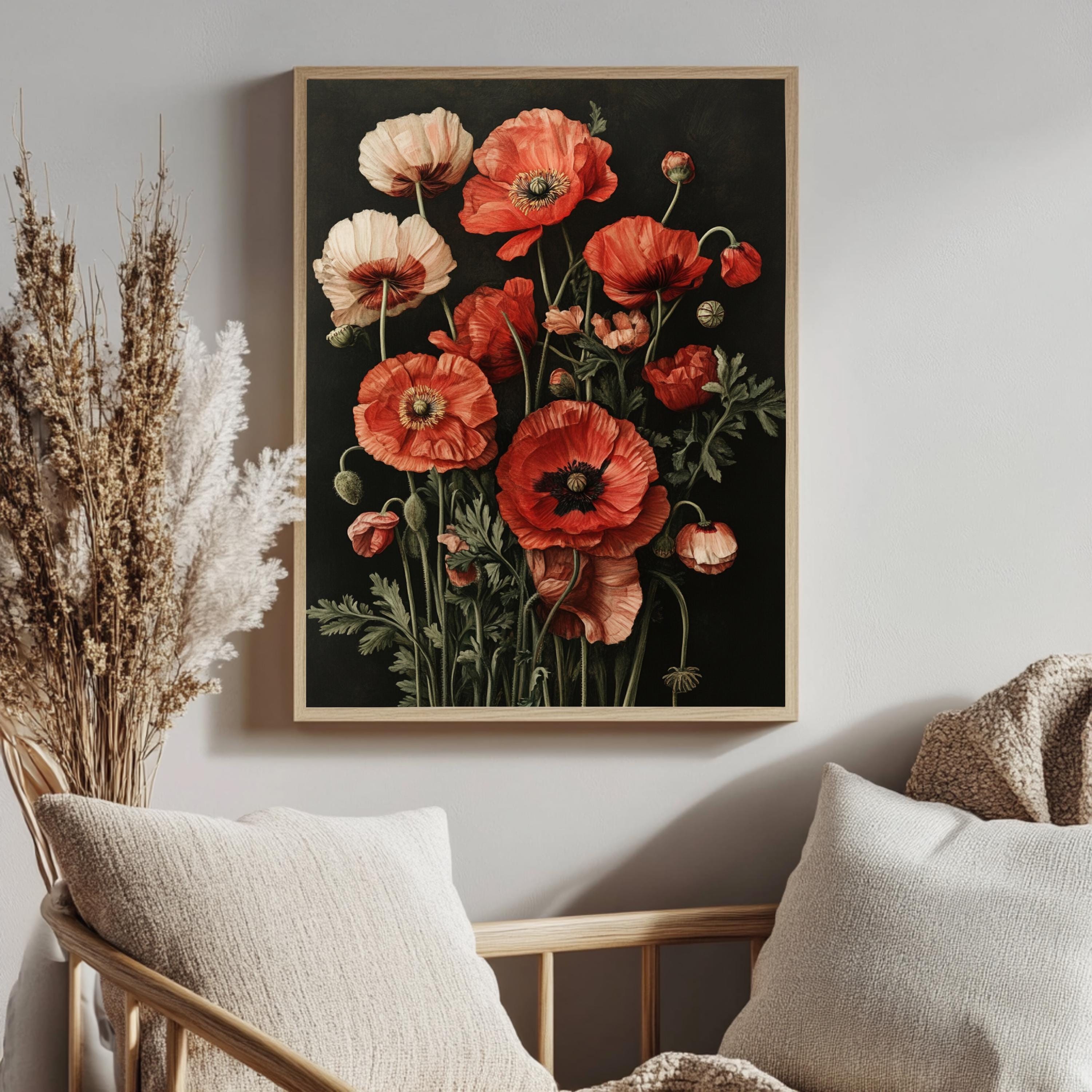 Dark Poppies Wall Art, Botanical Flower Poster Print, Framed Wildflower Canvas, Antique Garden Decor for Home or Office, Nature Wall art