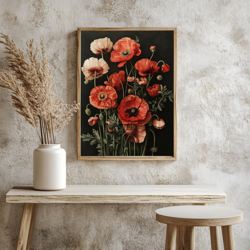 Dark Poppies Wall Art, Botanical Flower Poster Print, Framed Wildflower Canvas, Antique Garden Decor for Home or Office, Nature Wall art