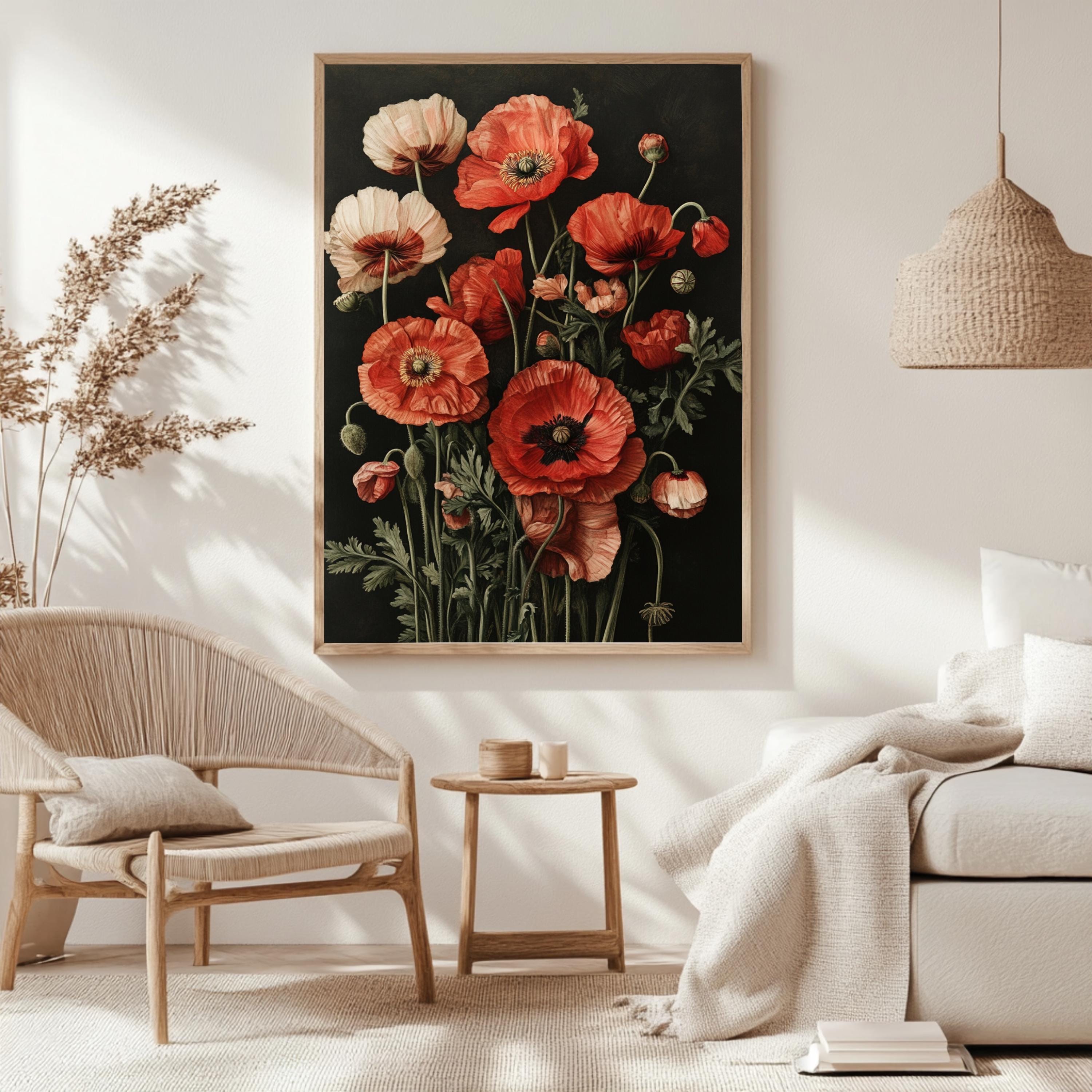 Dark Poppies Wall Art, Botanical Flower Poster Print, Framed Wildflower Canvas, Antique Garden Decor for Home or Office, Nature Wall art