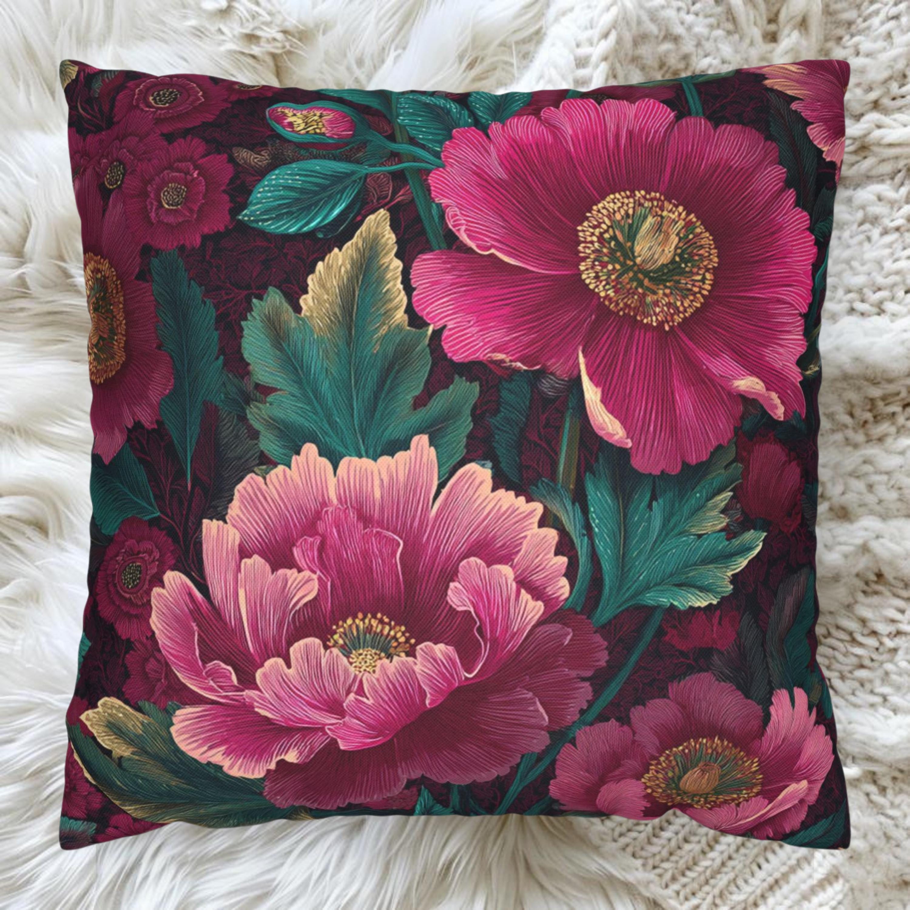 Pink Peony Pillow, Deep Green Floral Cushion, Botanical Garden Throw Pillow, Romantic Bloom Decor, Cottagecore Nature Accent