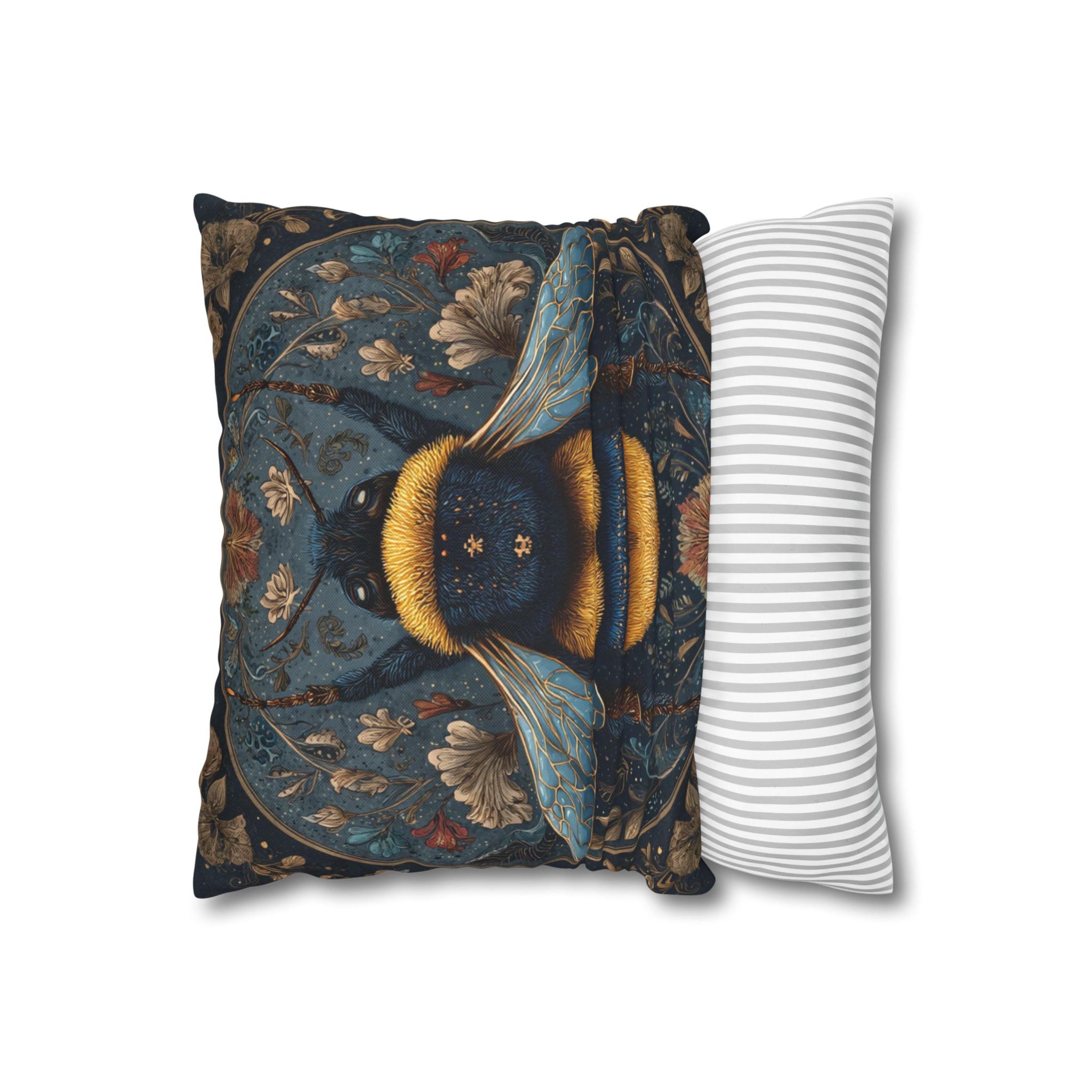Celestial Bee Pillow, Blue and Gold Bumblebee Cushion, Mystical Insect Throw Pillow, Floral Astrology Decor, Cottagecore Nature Accent