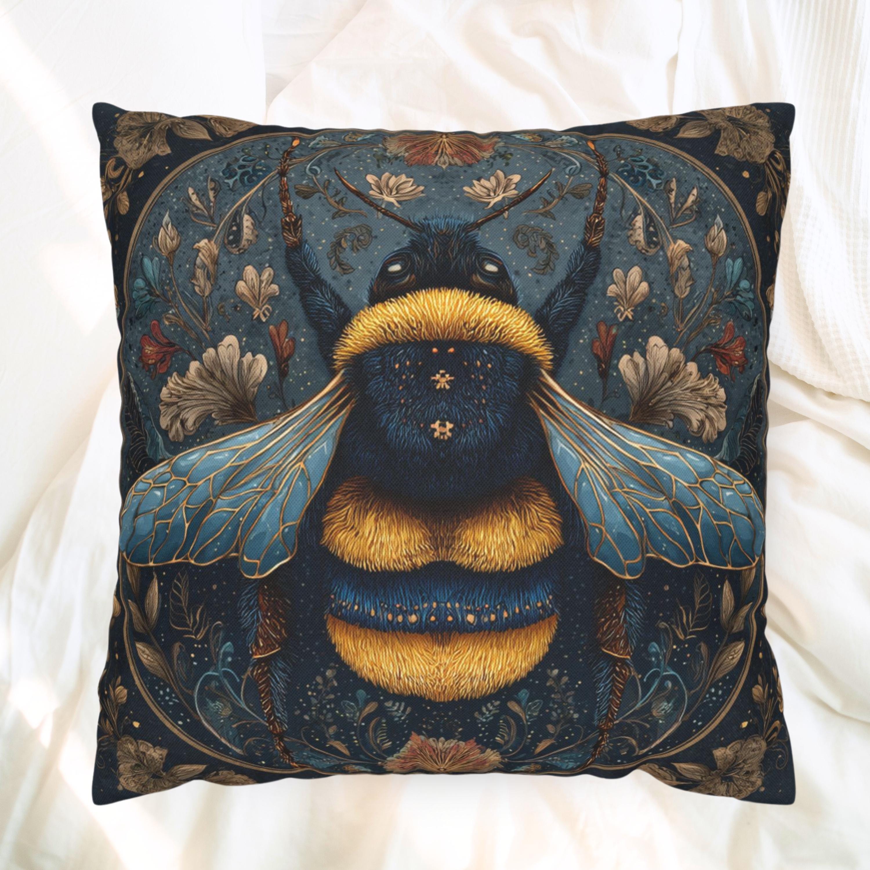 Celestial Bee Pillow, Blue and Gold Bumblebee Cushion, Mystical Insect Throw Pillow, Floral Astrology Decor, Cottagecore Nature Accent