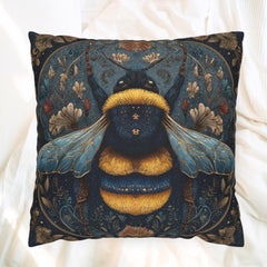 Celestial Bee Pillow, Blue and Gold Bumblebee Cushion, Mystical Insect Throw Pillow, Floral Astrology Decor, Cottagecore Nature Accent