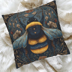 Celestial Bee Pillow, Blue and Gold Bumblebee Cushion, Mystical Insect Throw Pillow, Floral Astrology Decor, Cottagecore Nature Accent