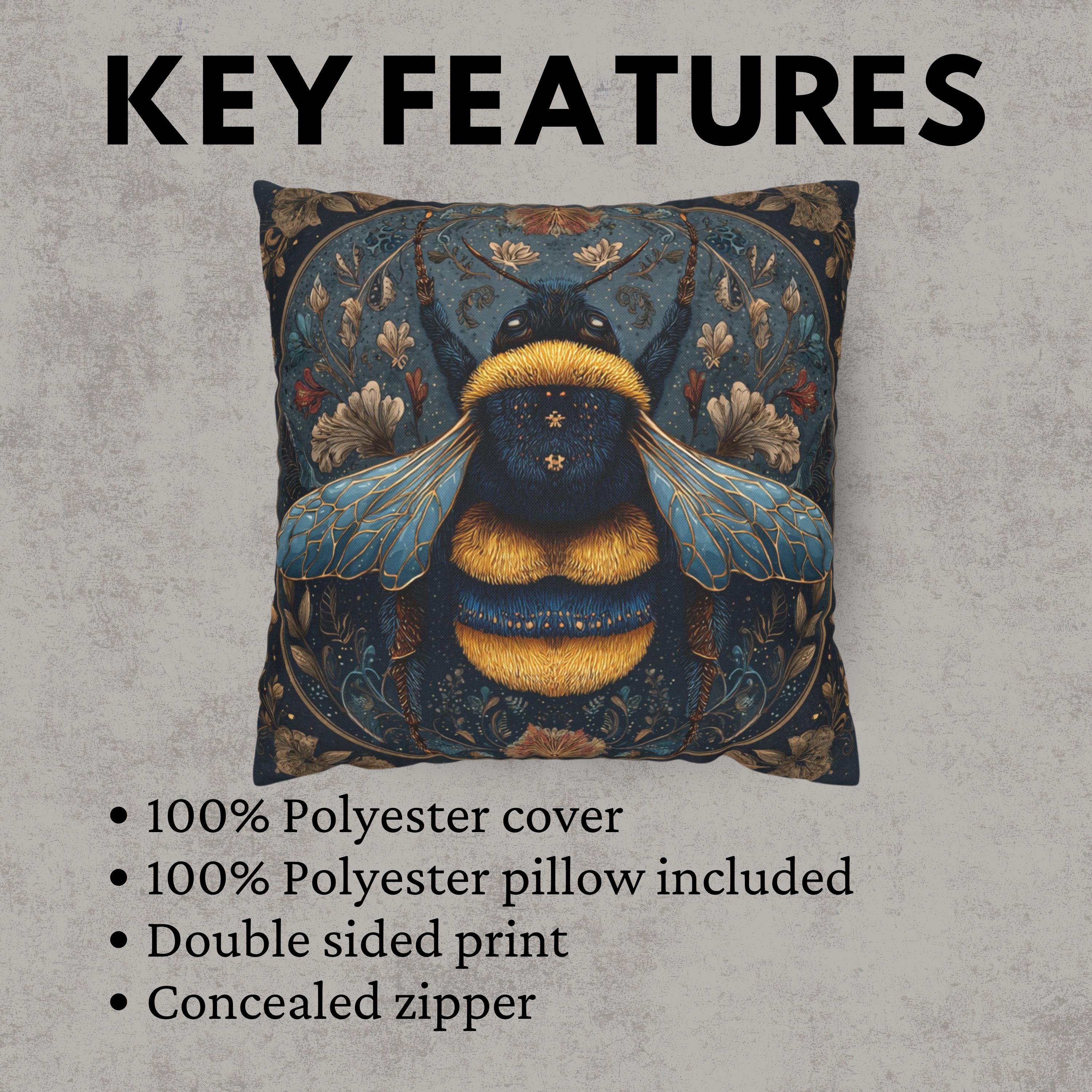 Celestial Bee Pillow, Blue and Gold Bumblebee Cushion, Mystical Insect Throw Pillow, Floral Astrology Decor, Cottagecore Nature Accent
