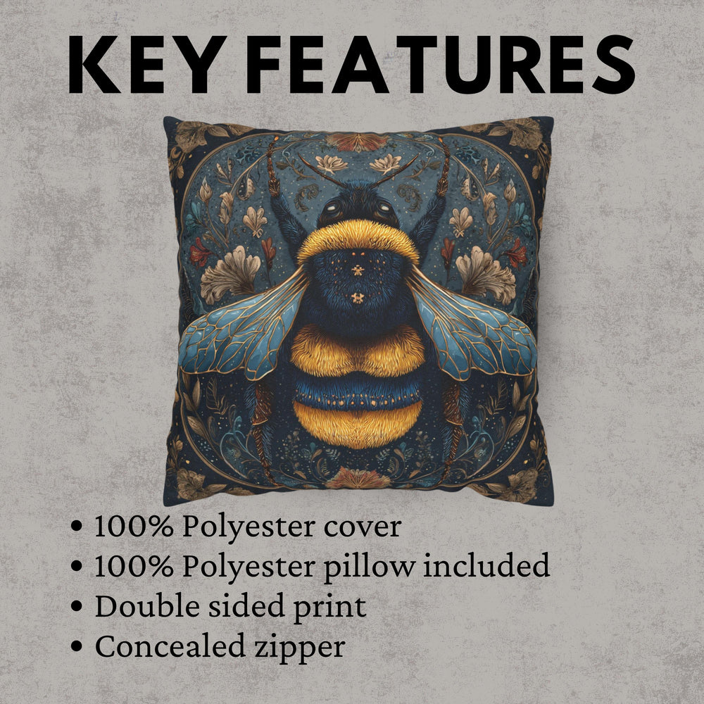 Celestial Bee Pillow, Blue and Gold Bumblebee Cushion, Mystical Insect Throw Pillow, Floral Astrology Decor, Cottagecore Nature Accent