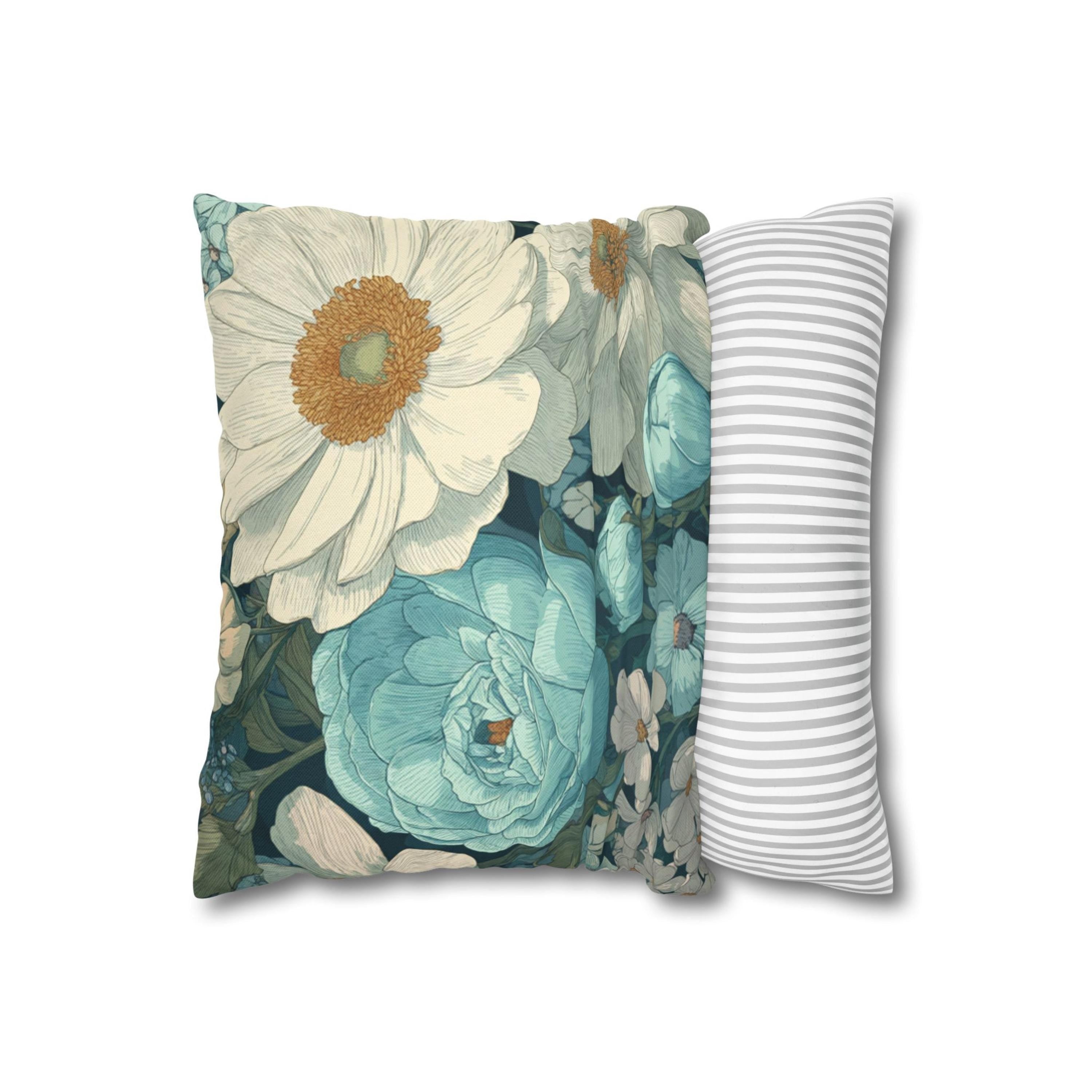 Soft Blue Floral Throw Pillow, Vintage Botanical Cushion, Pastel Garden Bloom Decor, Romantic Cottagecore Accent Pillow