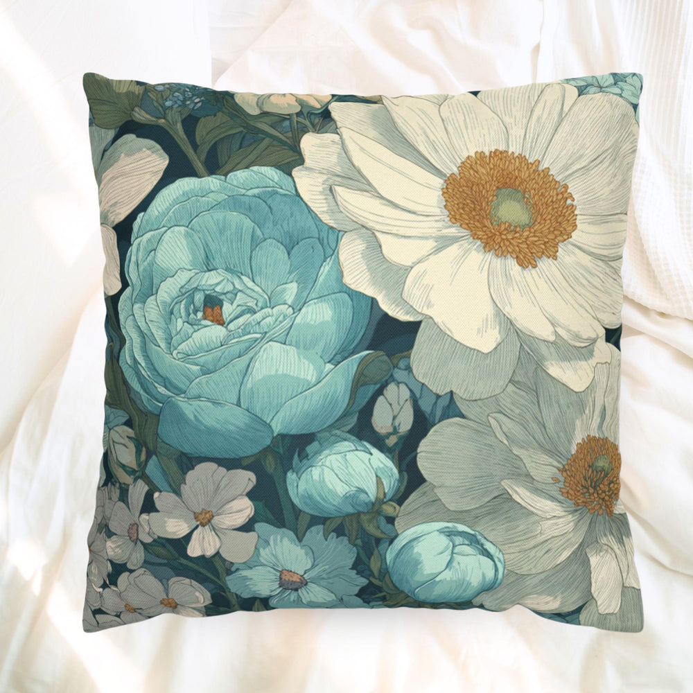 Soft Blue Floral Throw Pillow, Vintage Botanical Cushion, Pastel Garden Bloom Decor, Romantic Cottagecore Accent Pillow