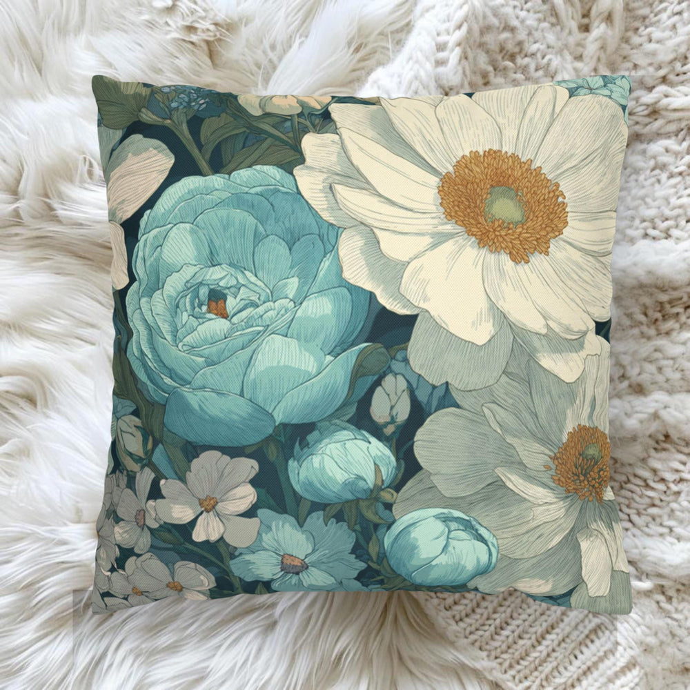 Soft Blue Floral Throw Pillow, Vintage Botanical Cushion, Pastel Garden Bloom Decor, Romantic Cottagecore Accent Pillow