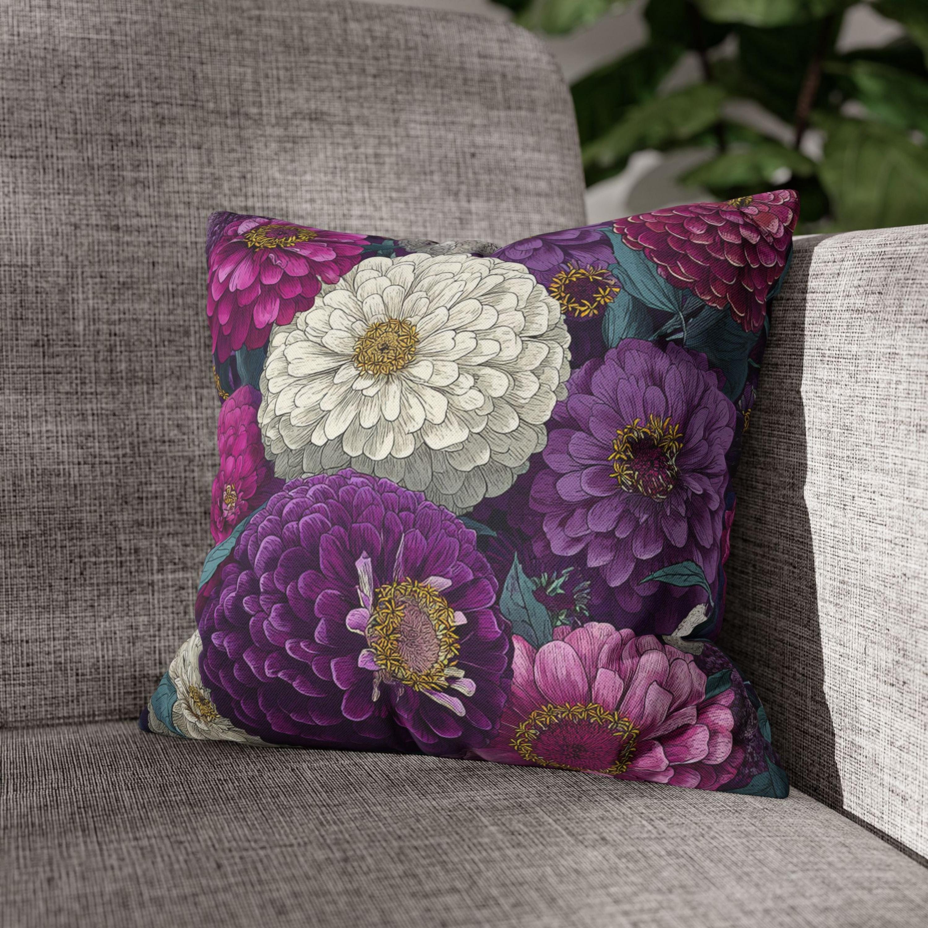 Zinnia Floral Pillow, Purple and White Flower Cushion, Botanical Throw Pillow Cover, Cottagecore Garden Decor, Vintage Bloom Accent