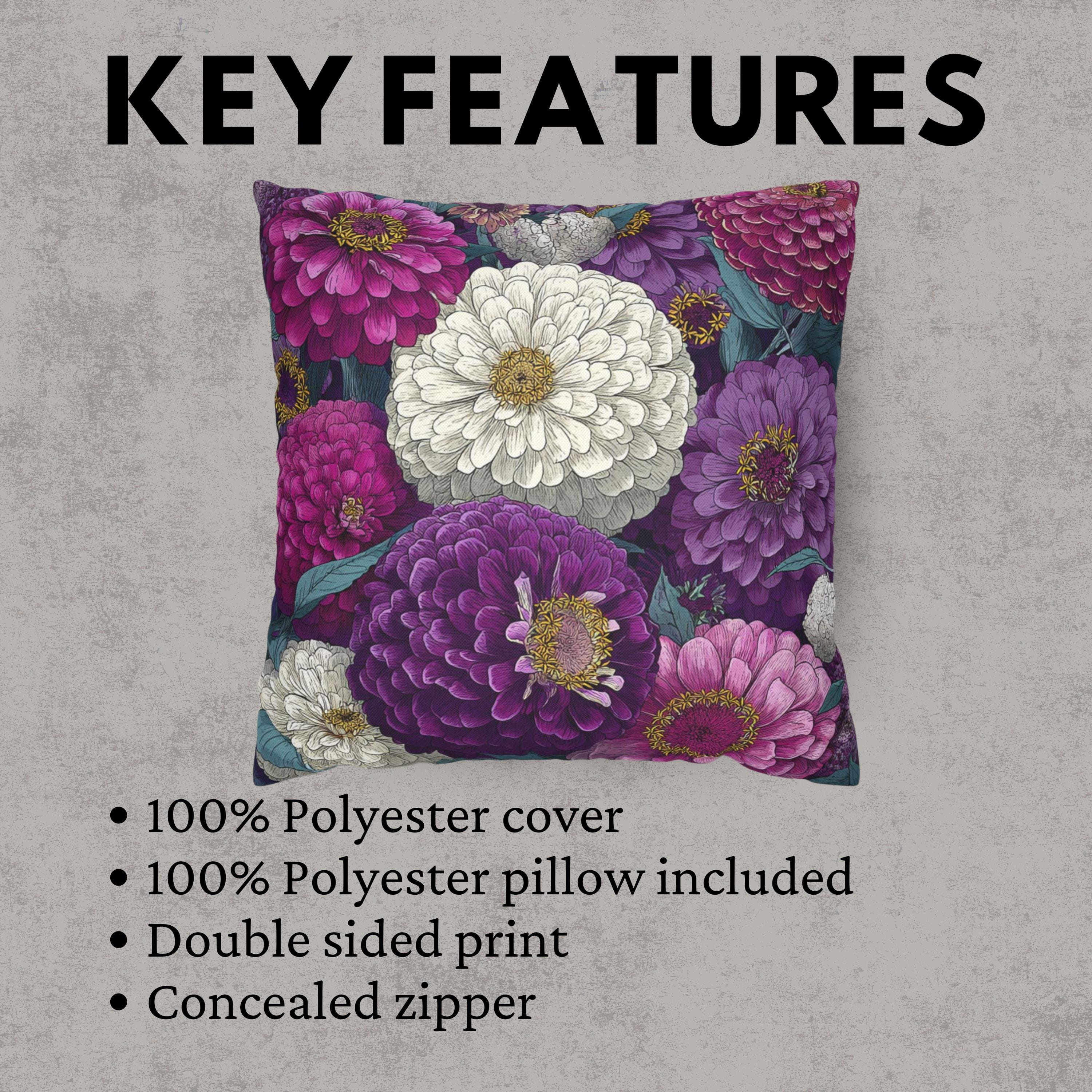 Zinnia Floral Pillow, Purple and White Flower Cushion, Botanical Throw Pillow Cover, Cottagecore Garden Decor, Vintage Bloom Accent