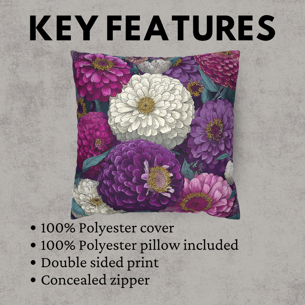 Zinnia Floral Pillow, Purple and White Flower Cushion, Botanical Throw Pillow Cover, Cottagecore Garden Decor, Vintage Bloom Accent