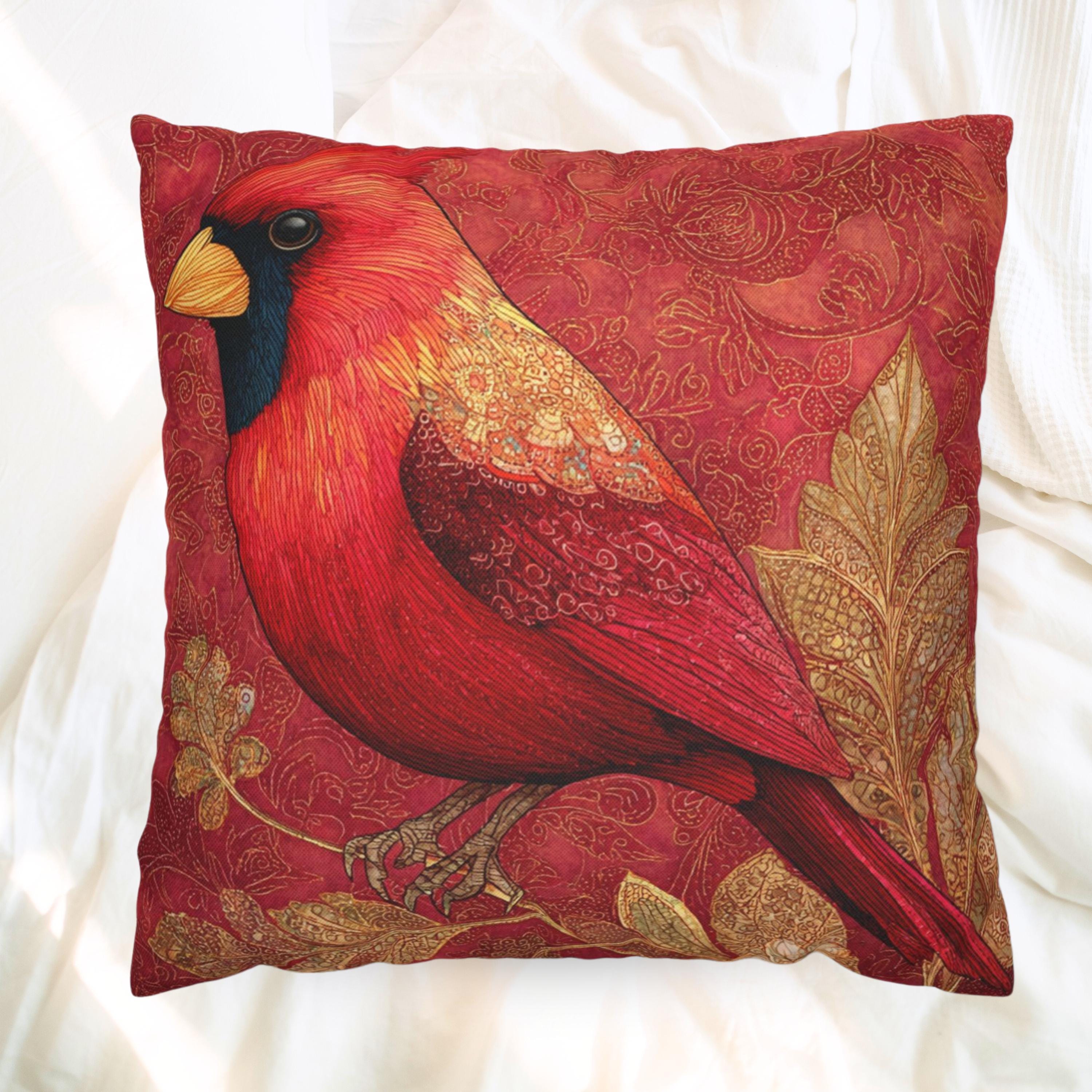 Red Cardinal Pillow, Batik Style Bird Cushion, Autumn Bird Throw Pillow, Nature-Inspired Decor, Rustic Woodland Accen