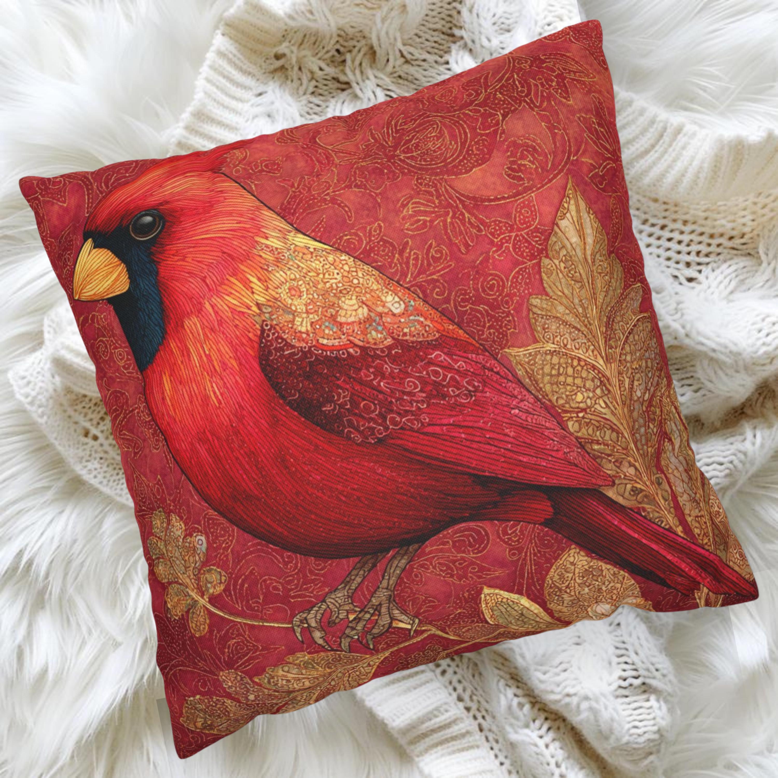 Red Cardinal Pillow, Batik Style Bird Cushion, Autumn Bird Throw Pillow, Nature-Inspired Decor, Rustic Woodland Accen