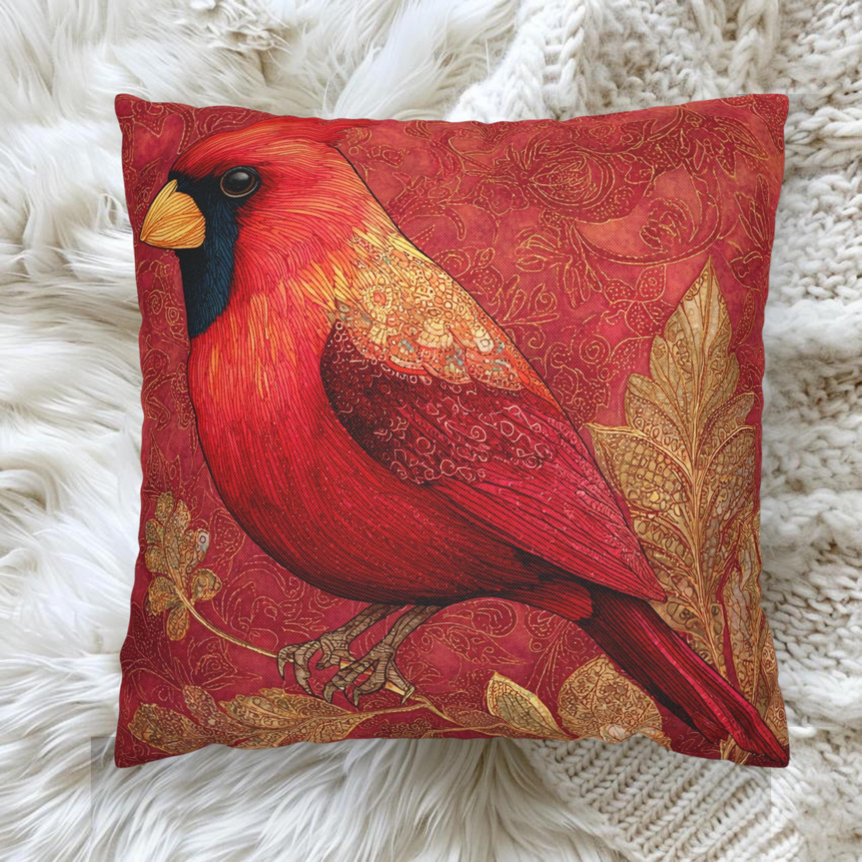 Red Cardinal Pillow, Batik Style Bird Cushion, Autumn Bird Throw Pillow, Nature-Inspired Decor, Rustic Woodland Accen