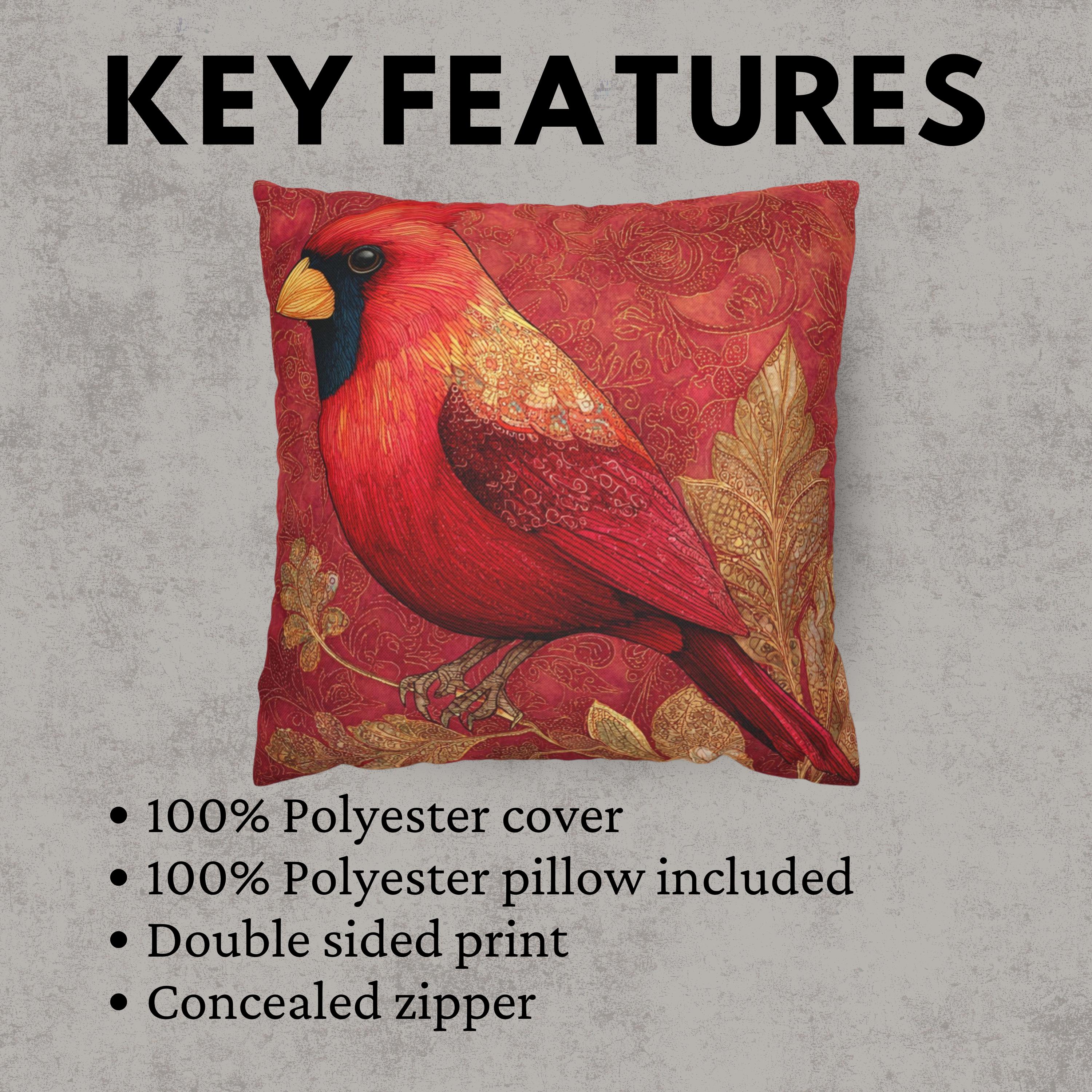 Red Cardinal Pillow, Batik Style Bird Cushion, Autumn Bird Throw Pillow, Nature-Inspired Decor, Rustic Woodland Accen
