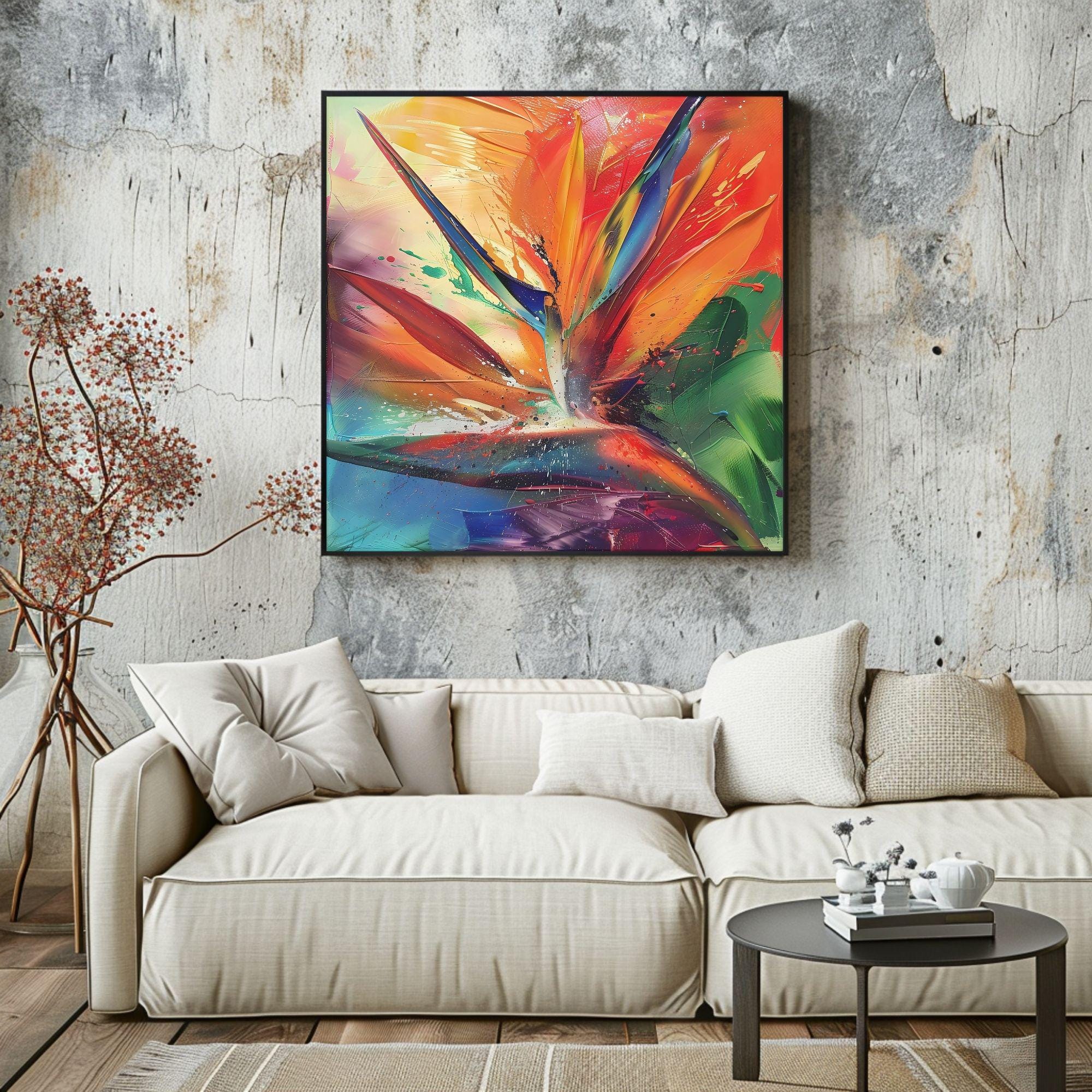 Vibrant Bird Of Paradise Wall Art Decor, Tropical Art Painting Decor, Ready To Hang Wall Decor, Beach Painting Canvas, Botanical Gift Idea