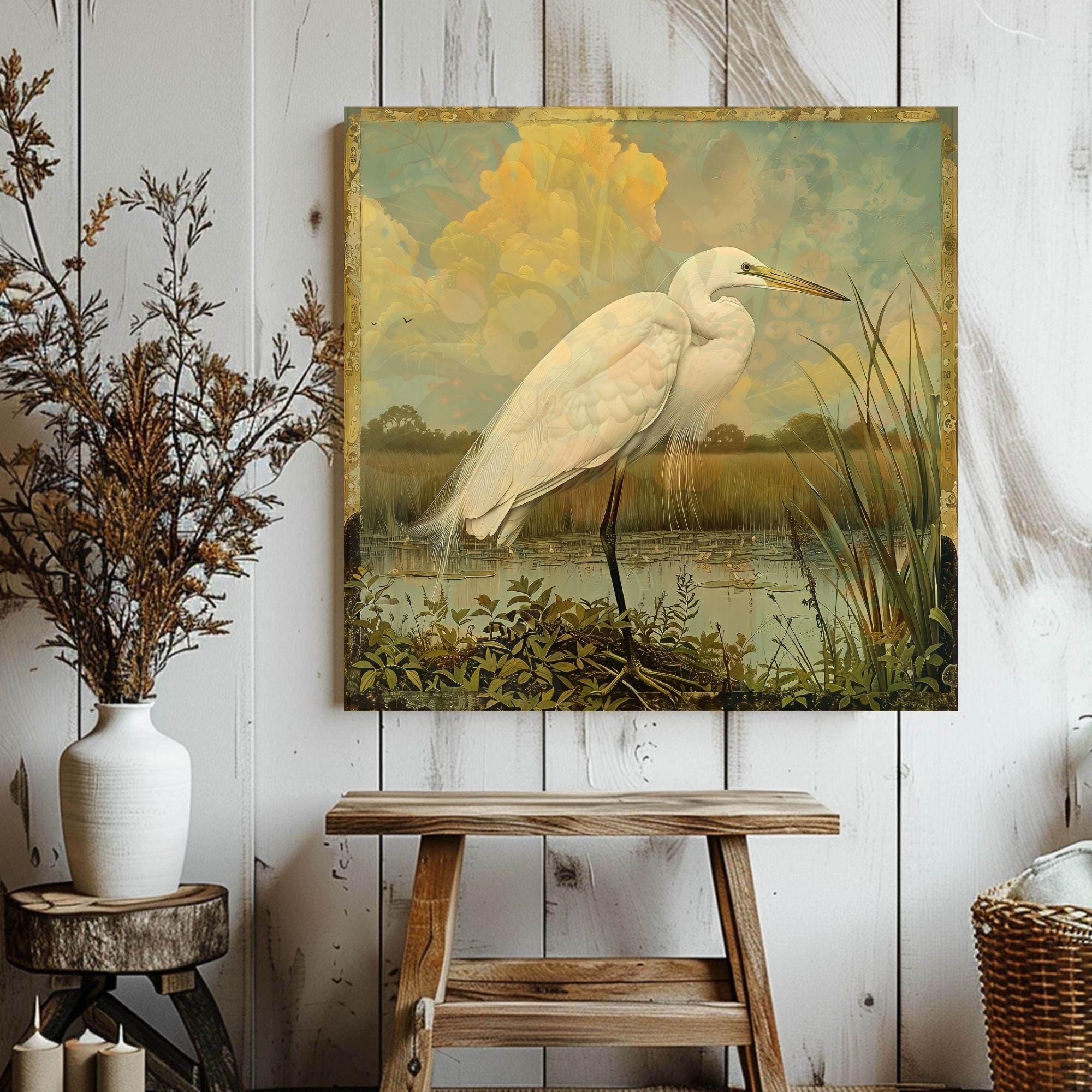 Single Egret William Morris Style Art Canvas, Vintage Framed Bird Canvas Art, Vintage Inspired Illustration, Ready to Hang Decor, Home Gift