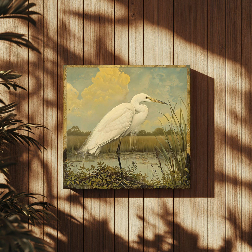 Single Egret William Morris Style Art Canvas, Vintage Framed Bird Canvas Art, Vintage Inspired Illustration, Ready to Hang Decor, Home Gift