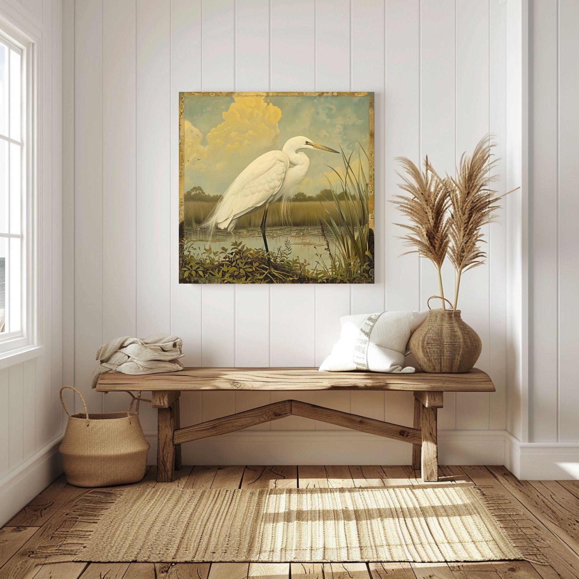 Single Egret William Morris Style Art Canvas, Vintage Framed Bird Canvas Art, Vintage Inspired Illustration, Ready to Hang Decor, Home Gift