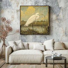 Single Egret William Morris Style Art Canvas, Vintage Framed Bird Canvas Art, Vintage Inspired Illustration, Ready to Hang Decor, Home Gift