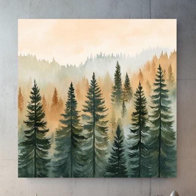 Evergreen Forest Art Canvas, Boho Wall Art, Pine Trees Wall Art, Living Room Decor, Forest Wall Art, Housewarming Gift, Woodland Wall Art
