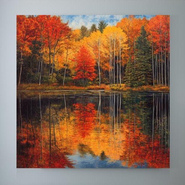 Autumn Forest Wall Canvas, Nature-Inspired Wall Decor, Fall Woodland Art, Grandma Gift, Nature Wall Print, Autumn Lake Framed Canvas