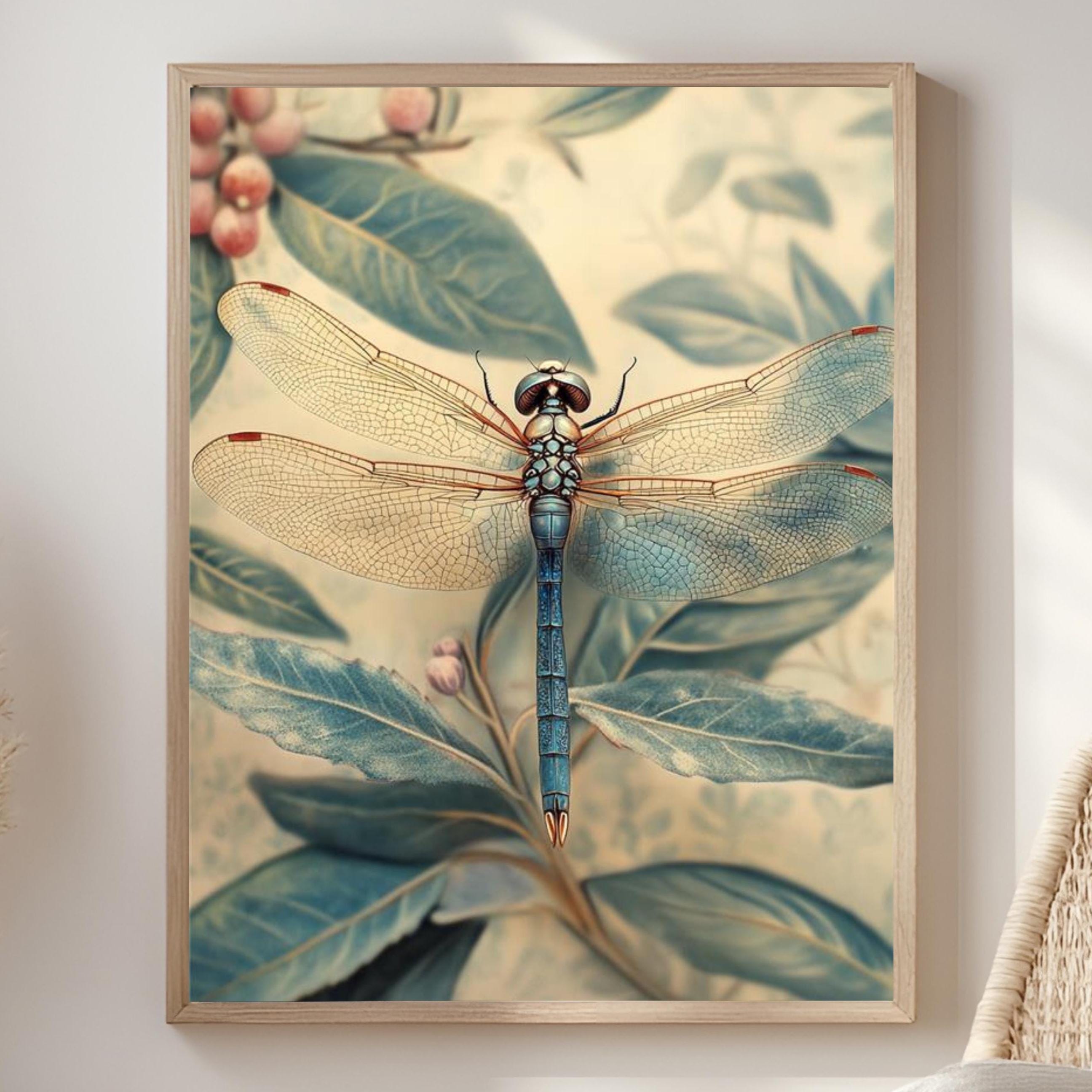 Blue Dragonfly Framed Canvas, Botanical Insect Wall Art, Nature-Inspired Vintage Print, Dragonfly Garden Art Decor, Entomology Home Accent