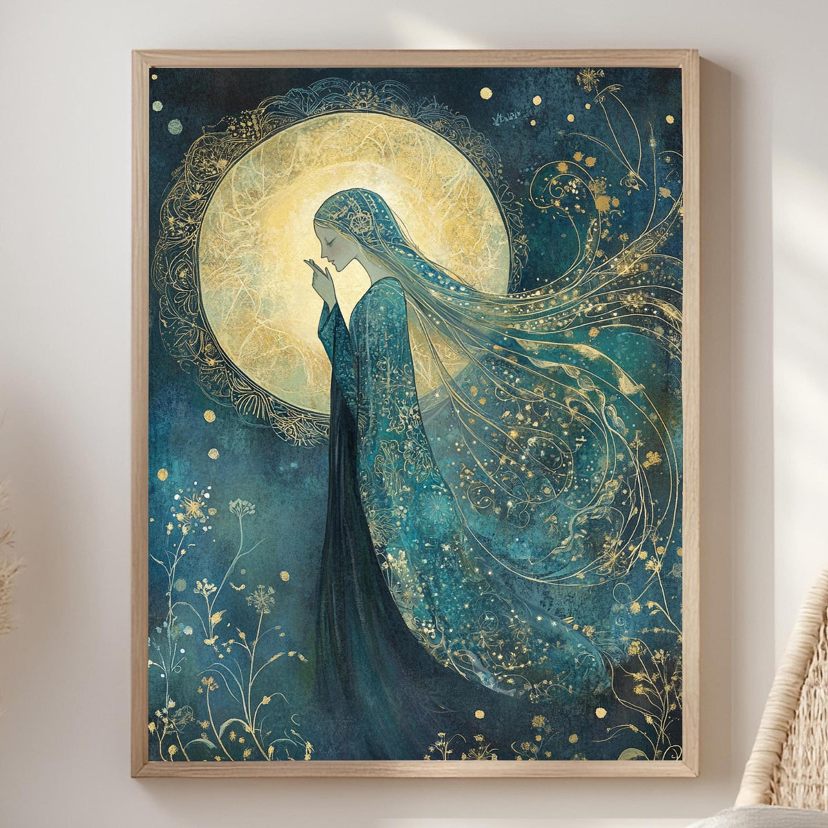 Moonlight Goddess Wall Art, William Morris Inspired Tarot Canvas, Celestial Divine Feminine Print, Wooden Framed Mystic Cottagecore Decor