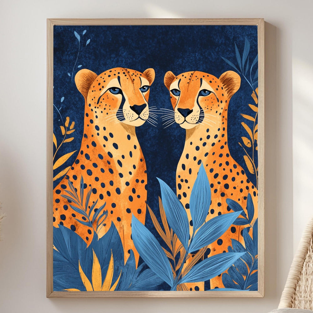 Orange Cheetahs Wall Art, Natural Wood Framed Canvas, Jungle Animal Print, Bold Safari Decor, Vibrant Wildlife Artwork, Boho Nature Art