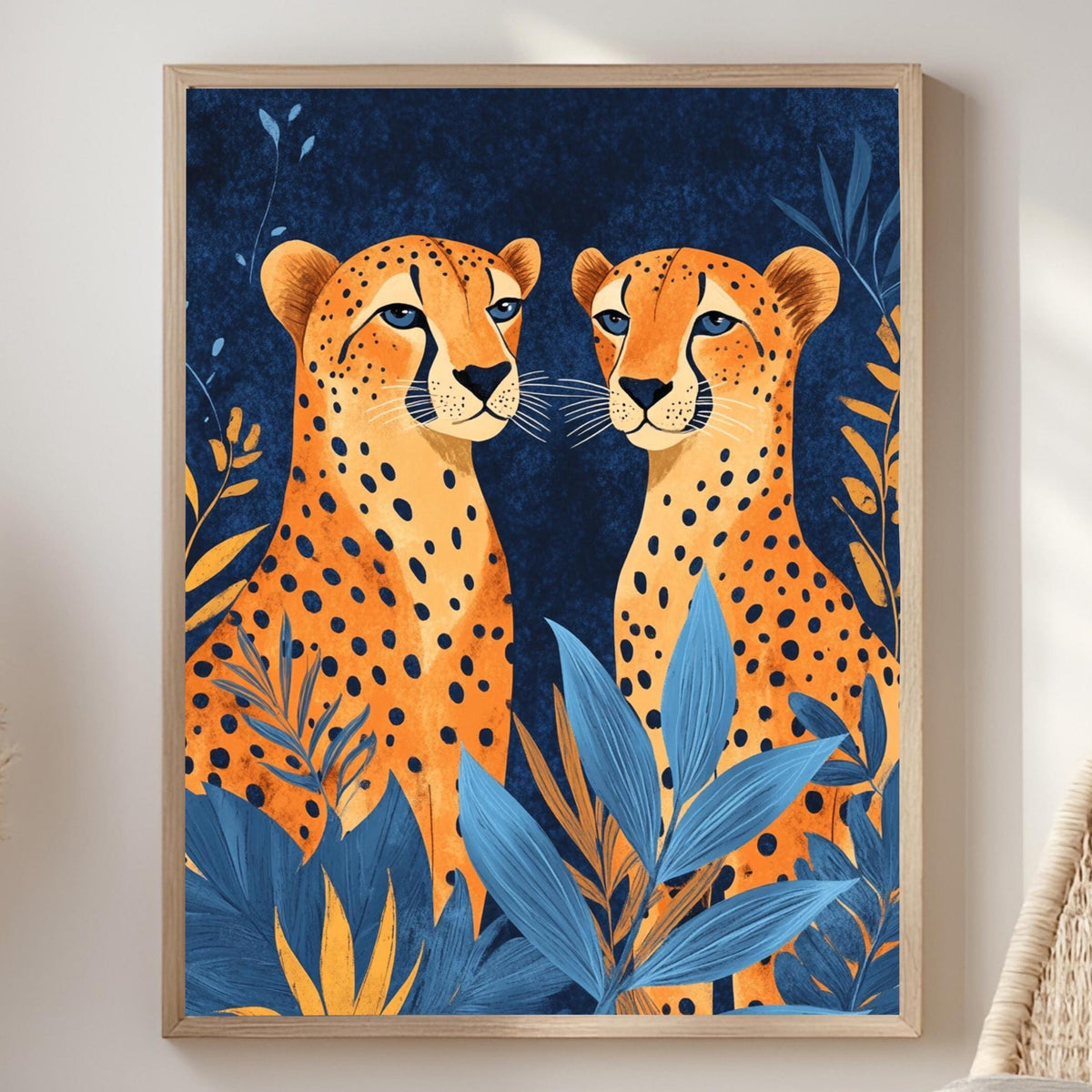 Orange Cheetahs Wall Art, Natural Wood Framed Canvas, Jungle Animal Print, Bold Safari Decor, Vibrant Wildlife Artwork, Boho Nature Art