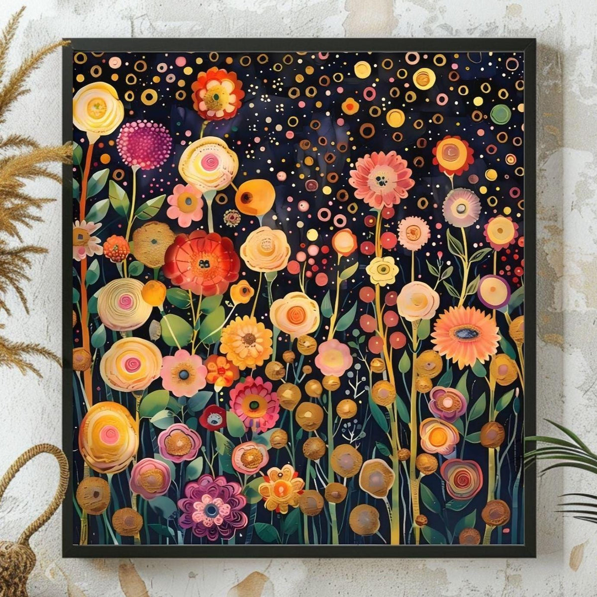 Flower Garden Canvas Wall Art Print Gustav Klimt Inspired Painting, Botanical Floral Wall Hanging