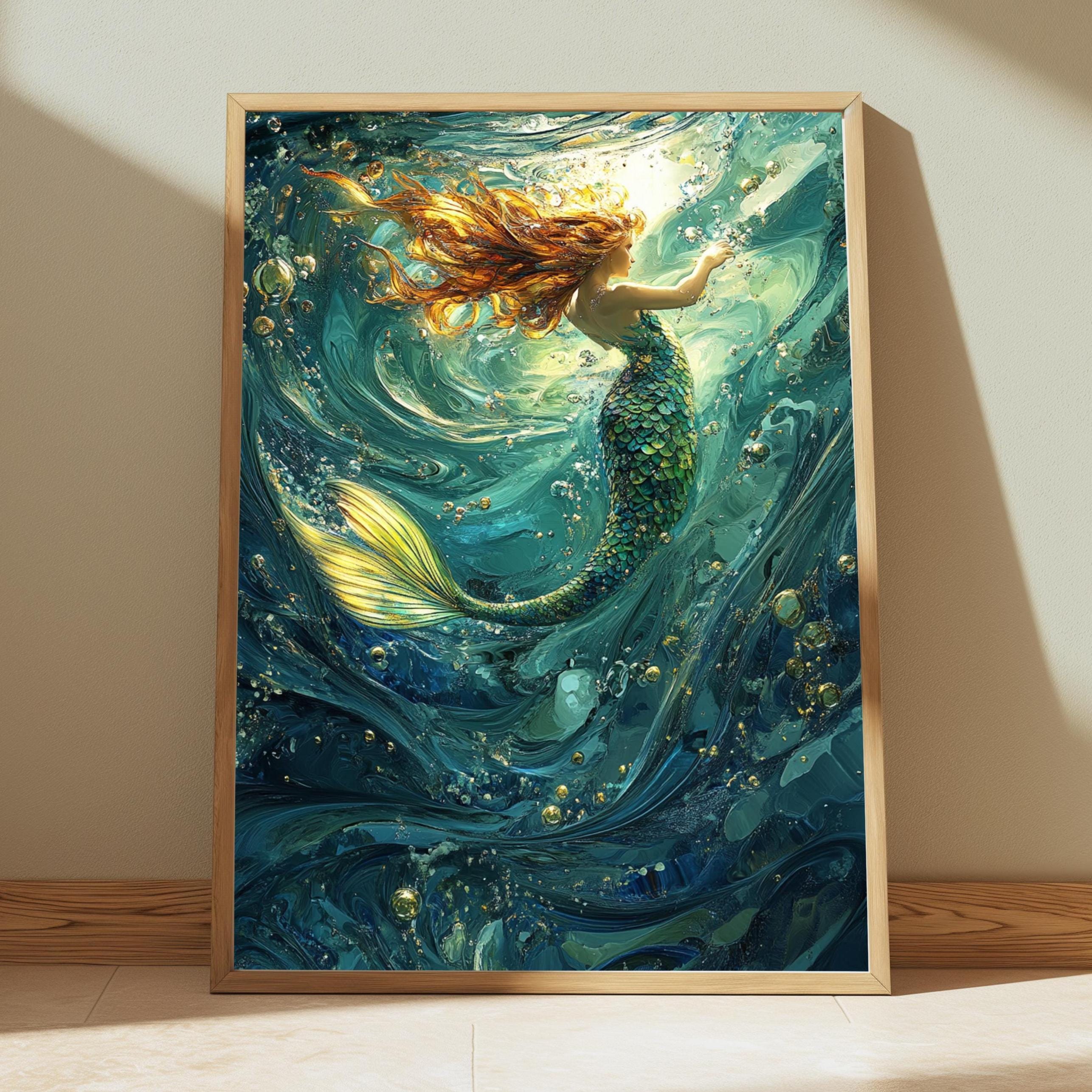 Underwater Mermaid Wall Art, Fantasy Ocean Canvas, Enchanted Sea Decor, Mystical Mermaid Poster, Gift for Mermaid and Ocean Lovers