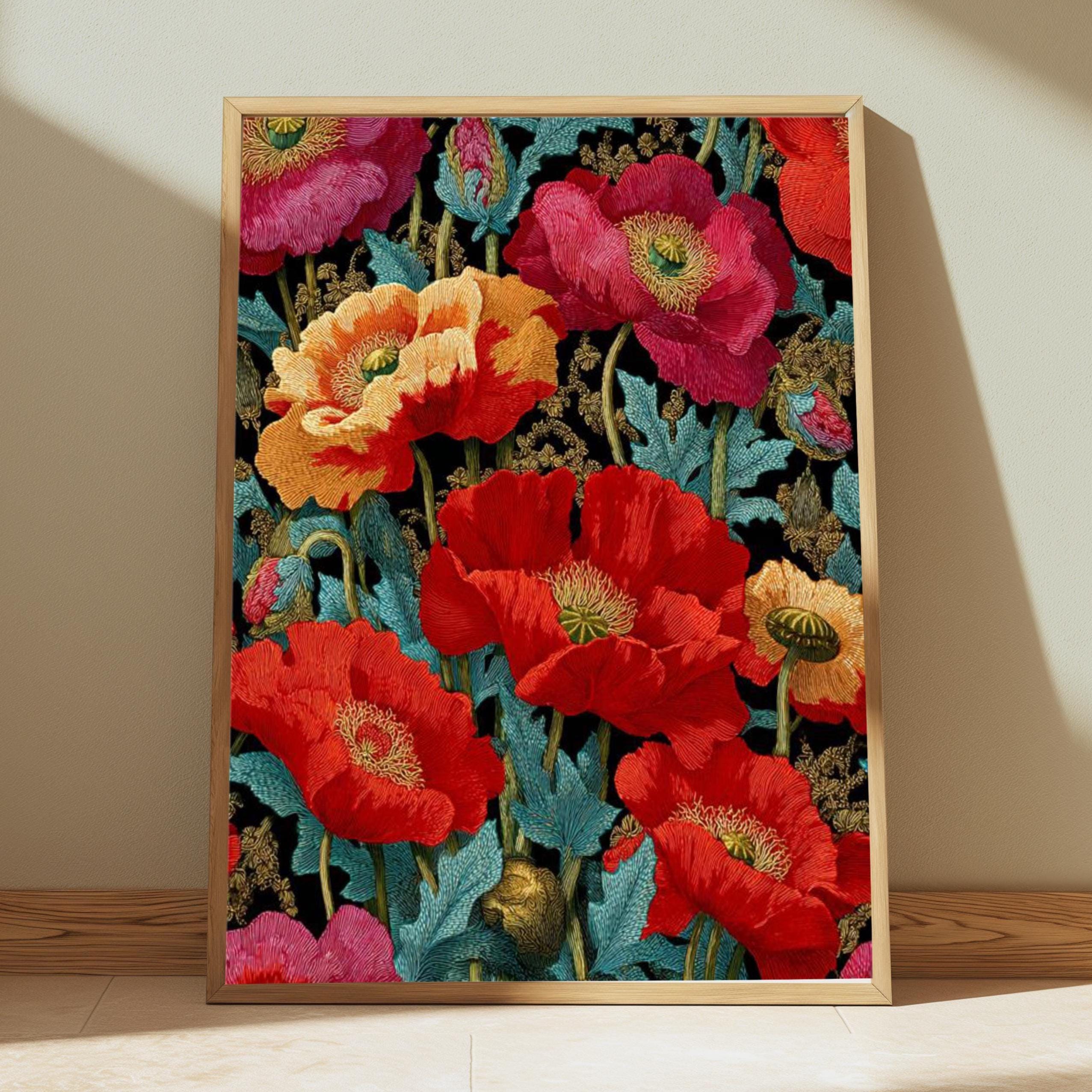 Red Poppy Wall Art, William Morris Style Floral Canvas, Bold Botanical Print, Vintage Flower Decor, Gift for Gardeners or Art Lovers