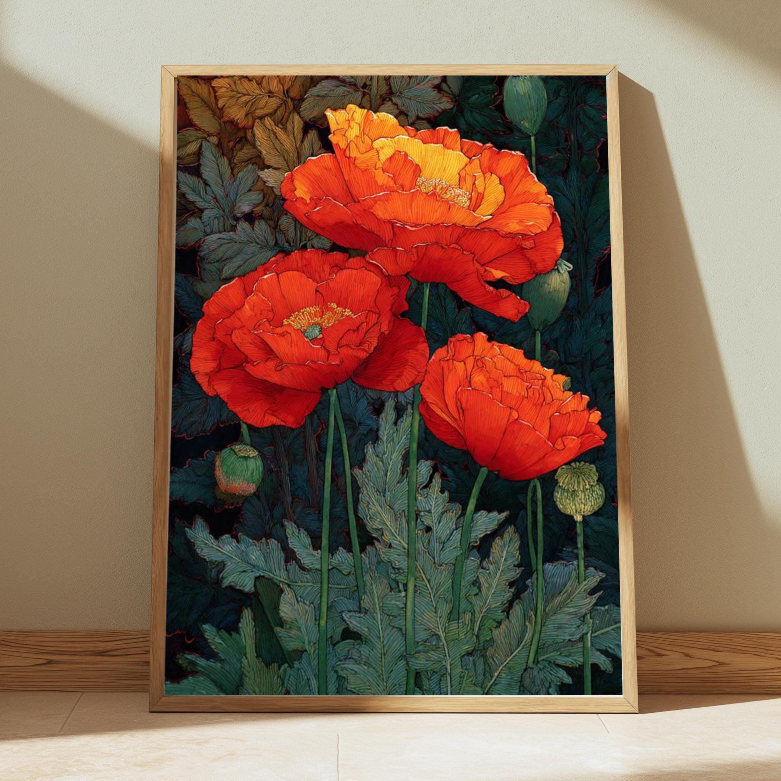 Red Poppy Wall Art, William Morris Style Floral Canvas, Bold Botanical Flower Decor, Cottagecore Garden Print, Gift for Flower Lovers