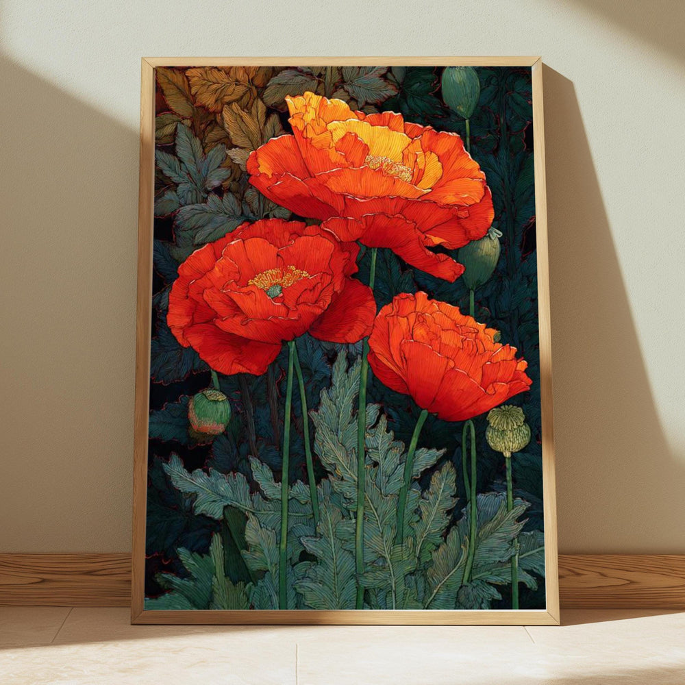 Red Poppy Wall Art, William Morris Style Floral Canvas, Bold Botanical Flower Decor, Cottagecore Garden Print, Gift for Flower Lovers