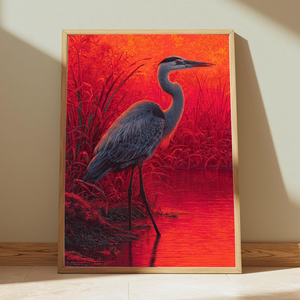 Sunset Heron Wall Art, Vibrant Bird Lake Canvas, Bold Nature Portrait Print, Rustic Wildlife Decor, Gift for Bird and Nature Lovers