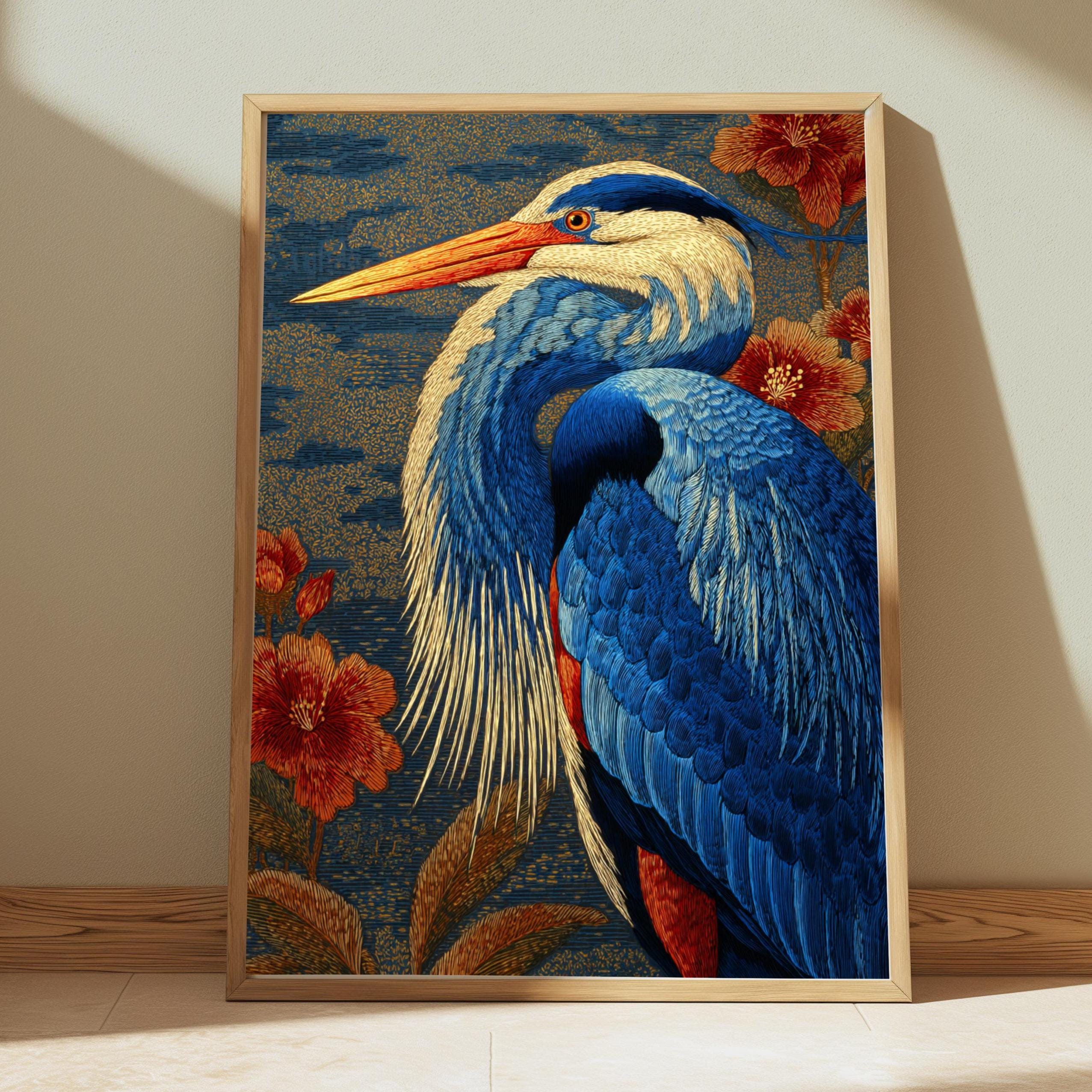 Great Blue Heron Wall Art, William Morris Style Canvas, Botanical Bird Nature Decor, Elegant Home Accent, Gift for Bird Lovers