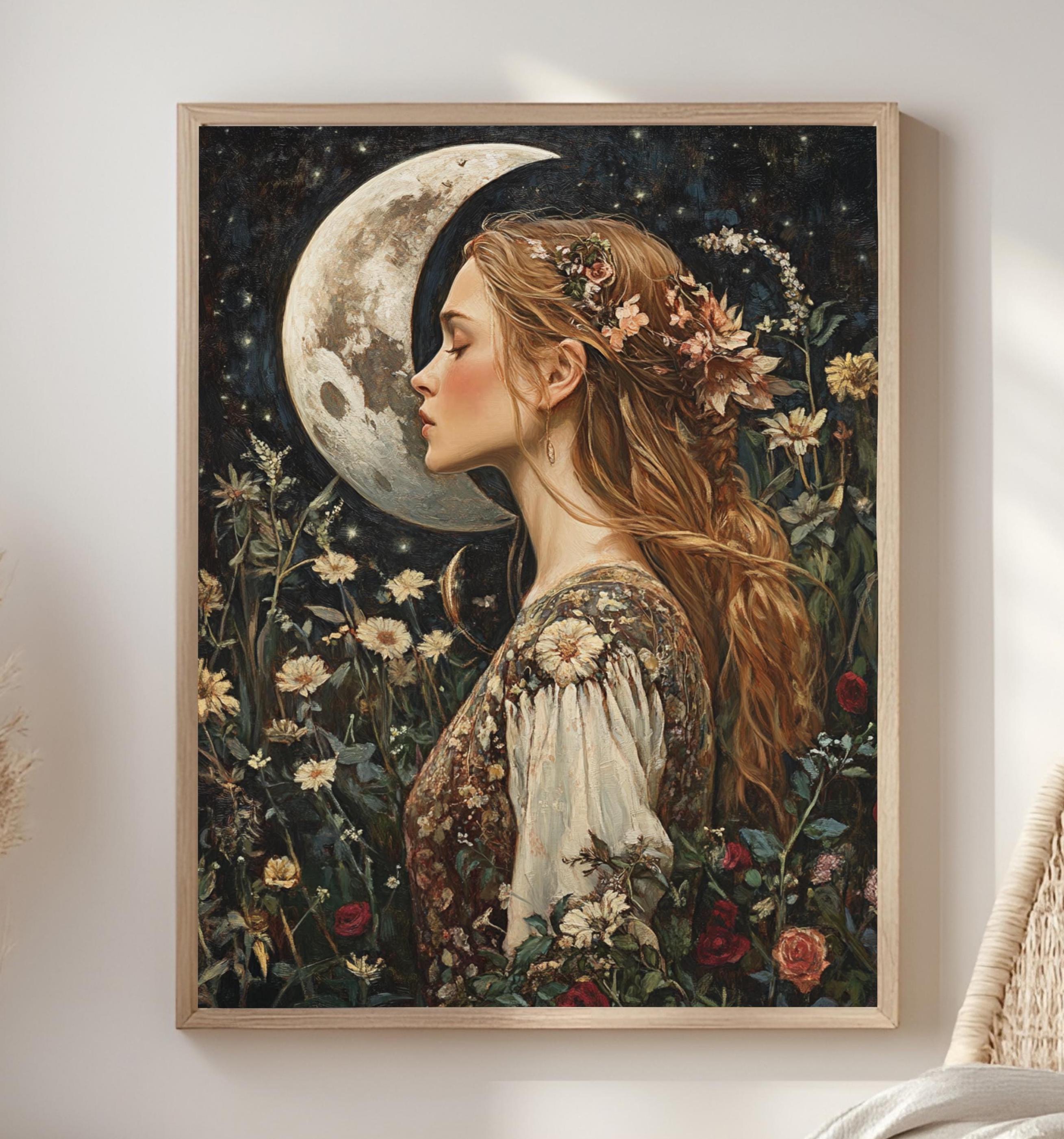 Moon Kiss Wall Art, William Morris Inspired Romantic Woman Canvas, Botanical Celestial Print, Wooden Framed Cottagecore Night Decor